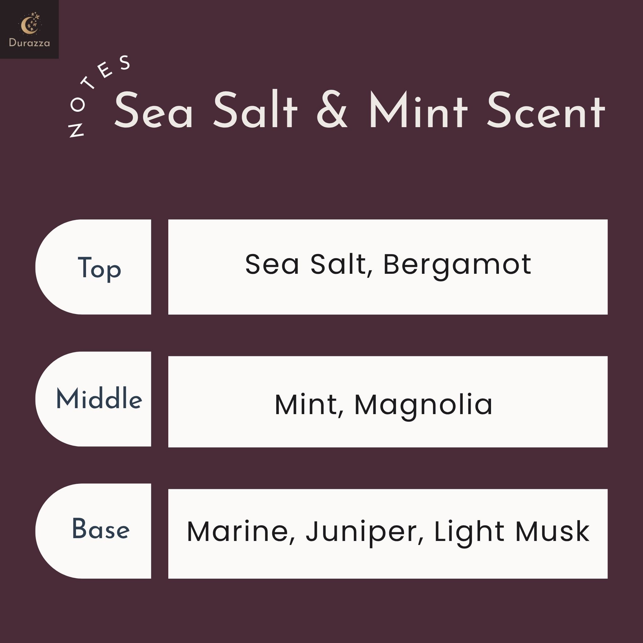 Durazza's Sea salt and mint candle with the top, middle, and base scent notes on a diagram.