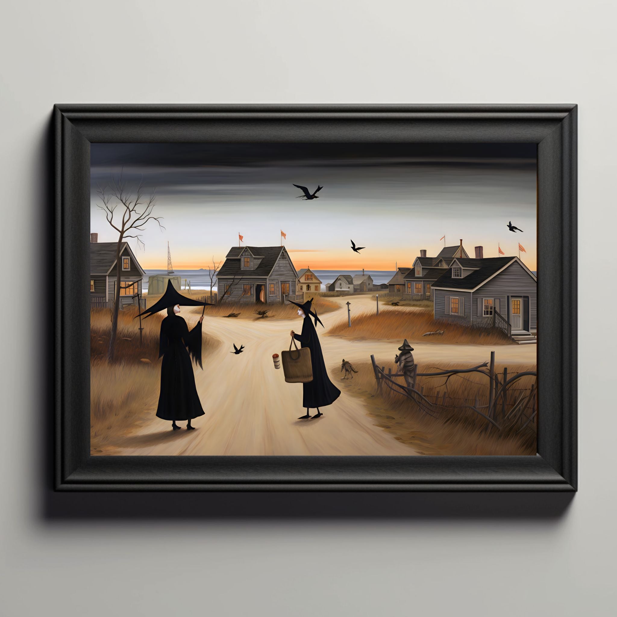 Seaside Village Witch Satin Art Print: Coastal Gothic Art