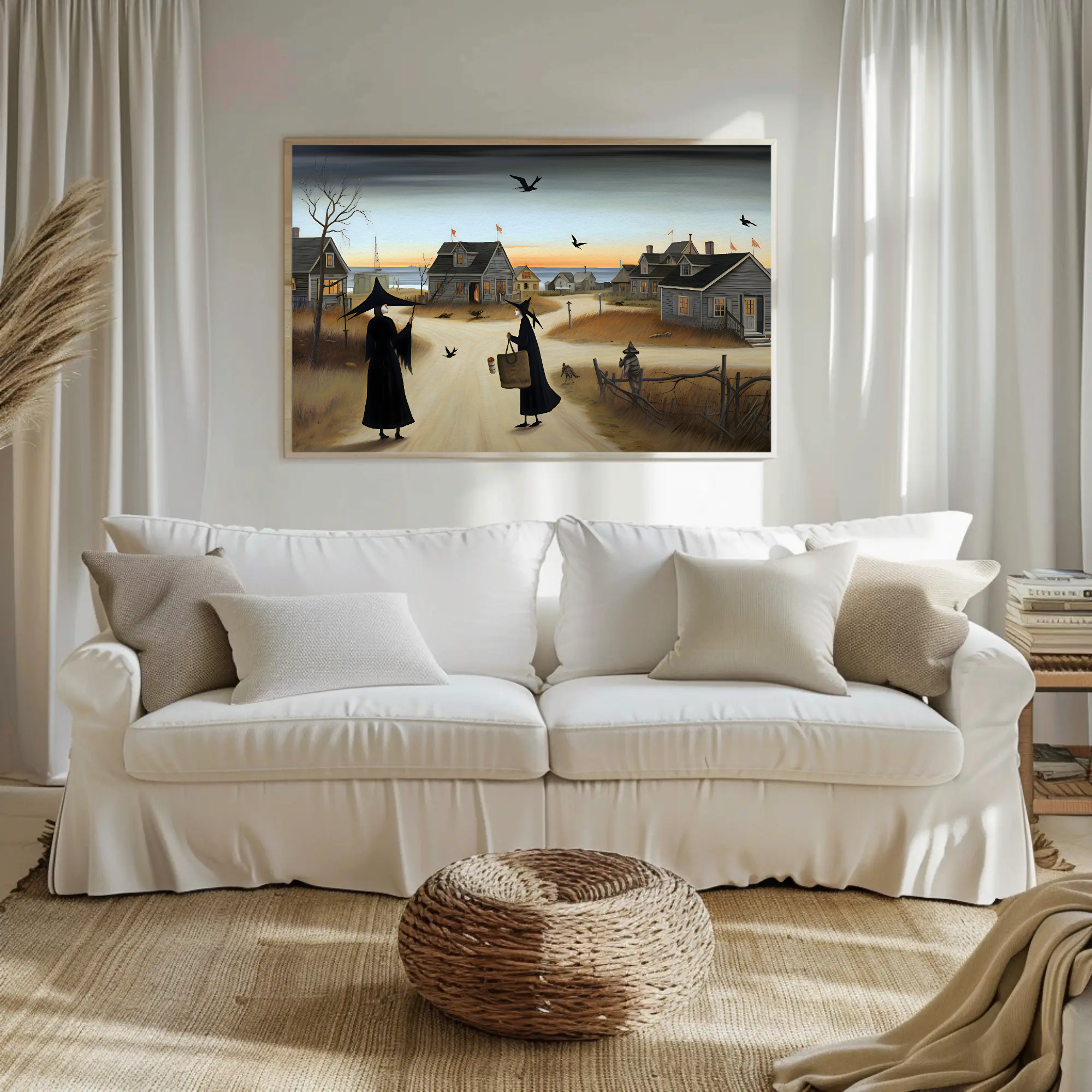 Seaside Village Witch Satin Art Print: Coastal Gothic Art