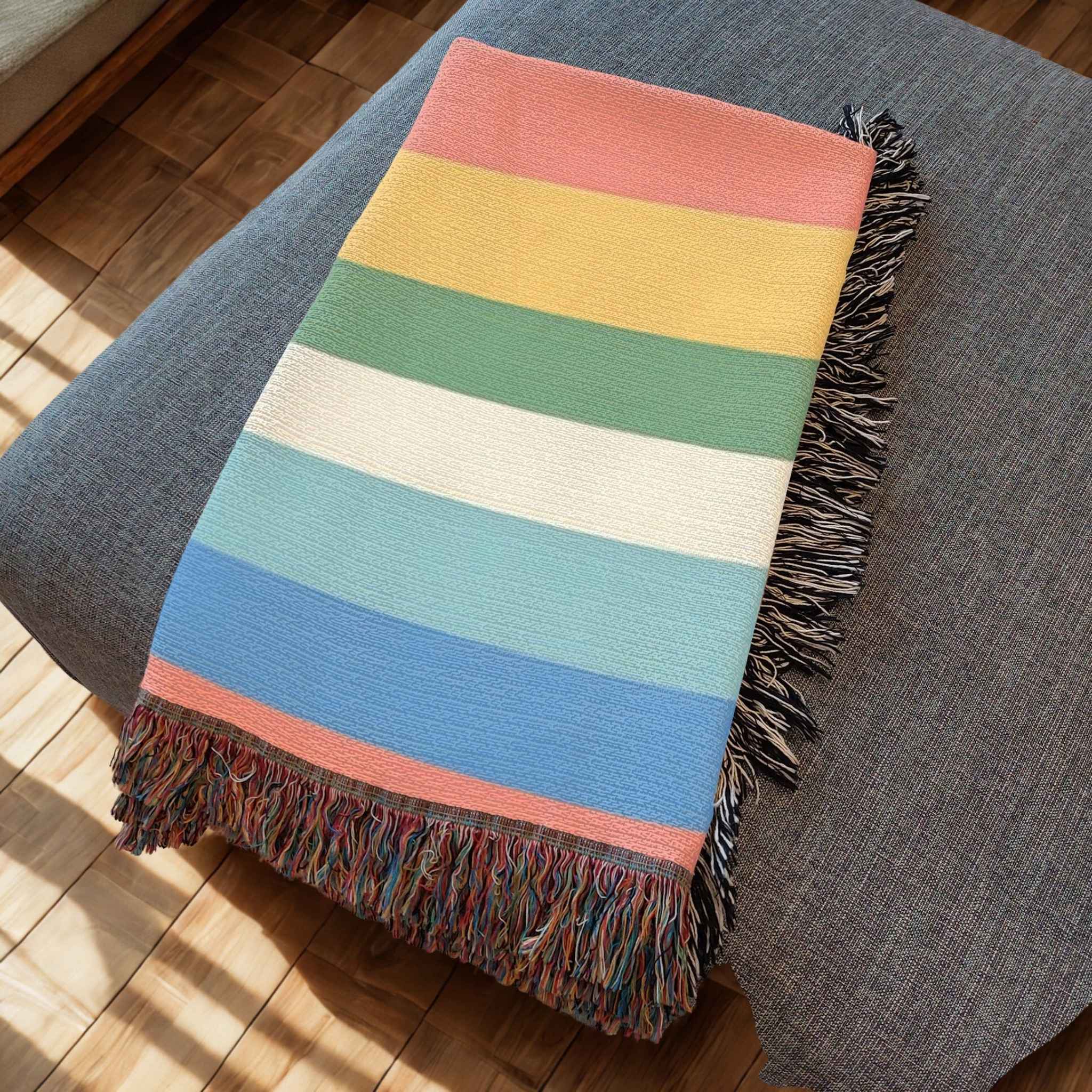 Colorful striped blanket with fringes on a gray couch.