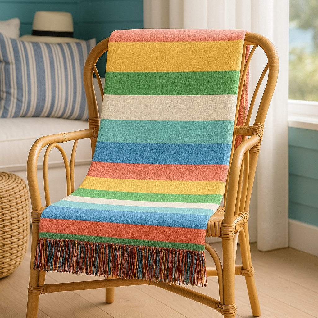 Wicker chair with a colorful striped blanket in a bright room.
