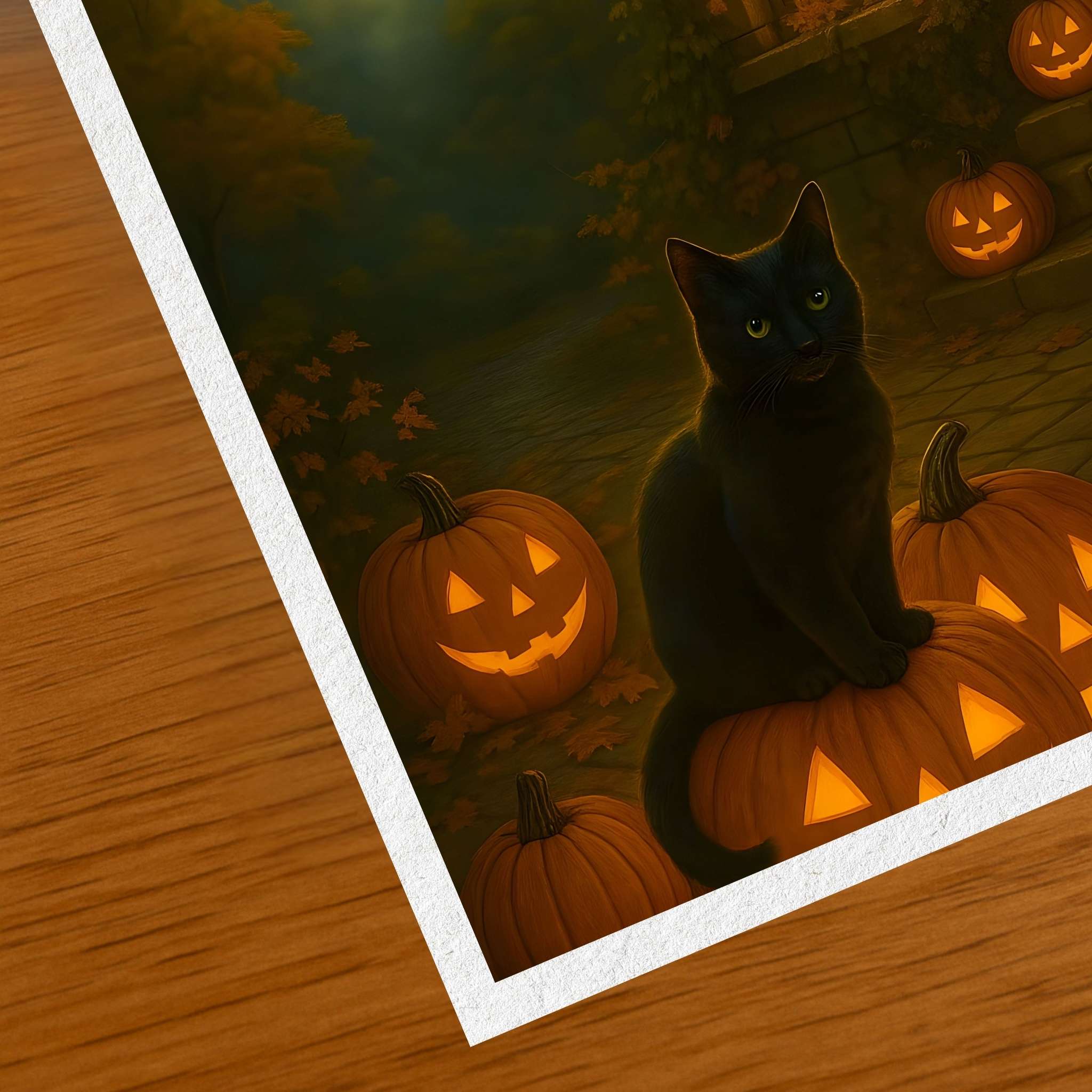 Black cat sitting on pumpkins with carved faces, surrounded by autumn leaves on art print.