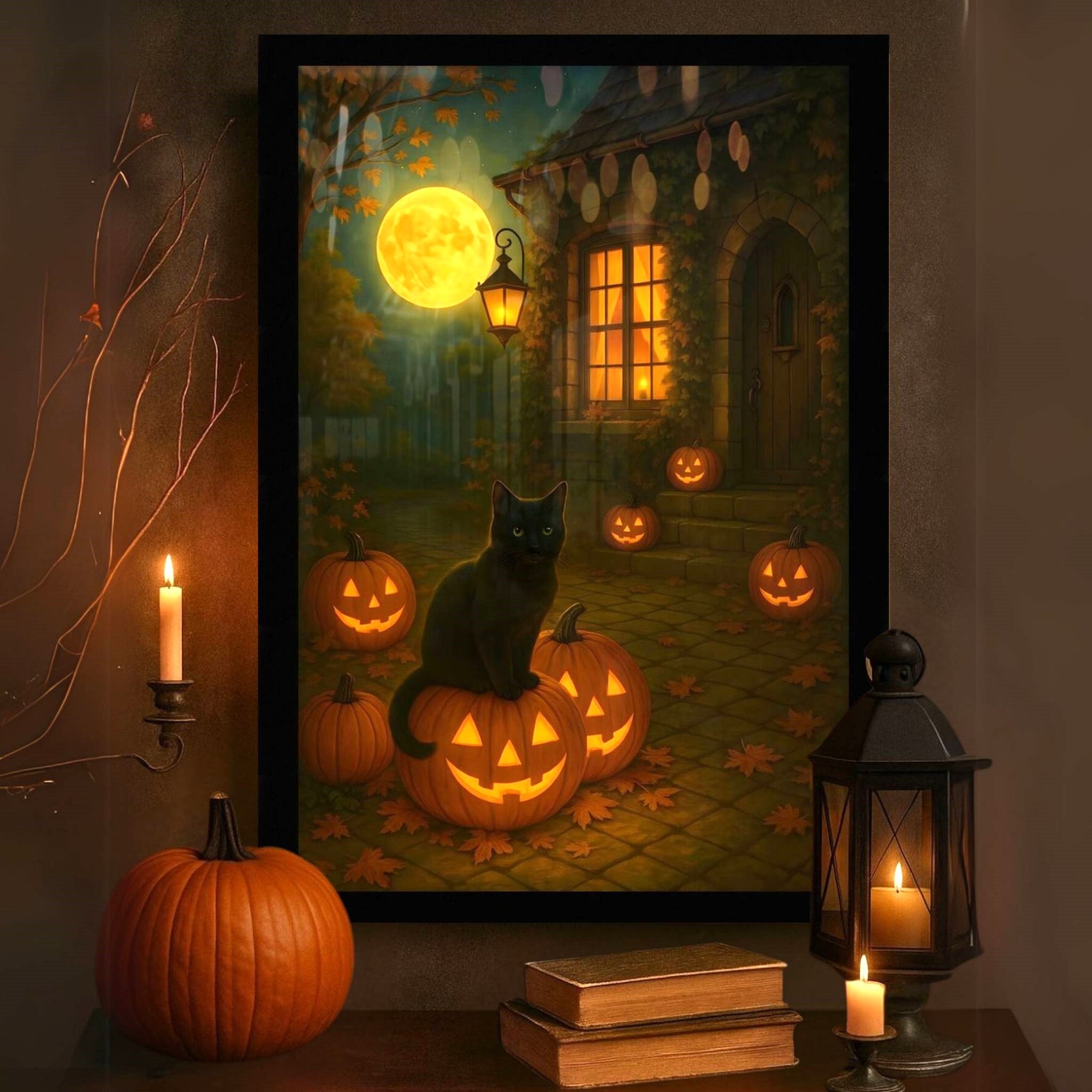 Framed Halloween artwork with a cat and pumpkins on a wall with candles and books below.
