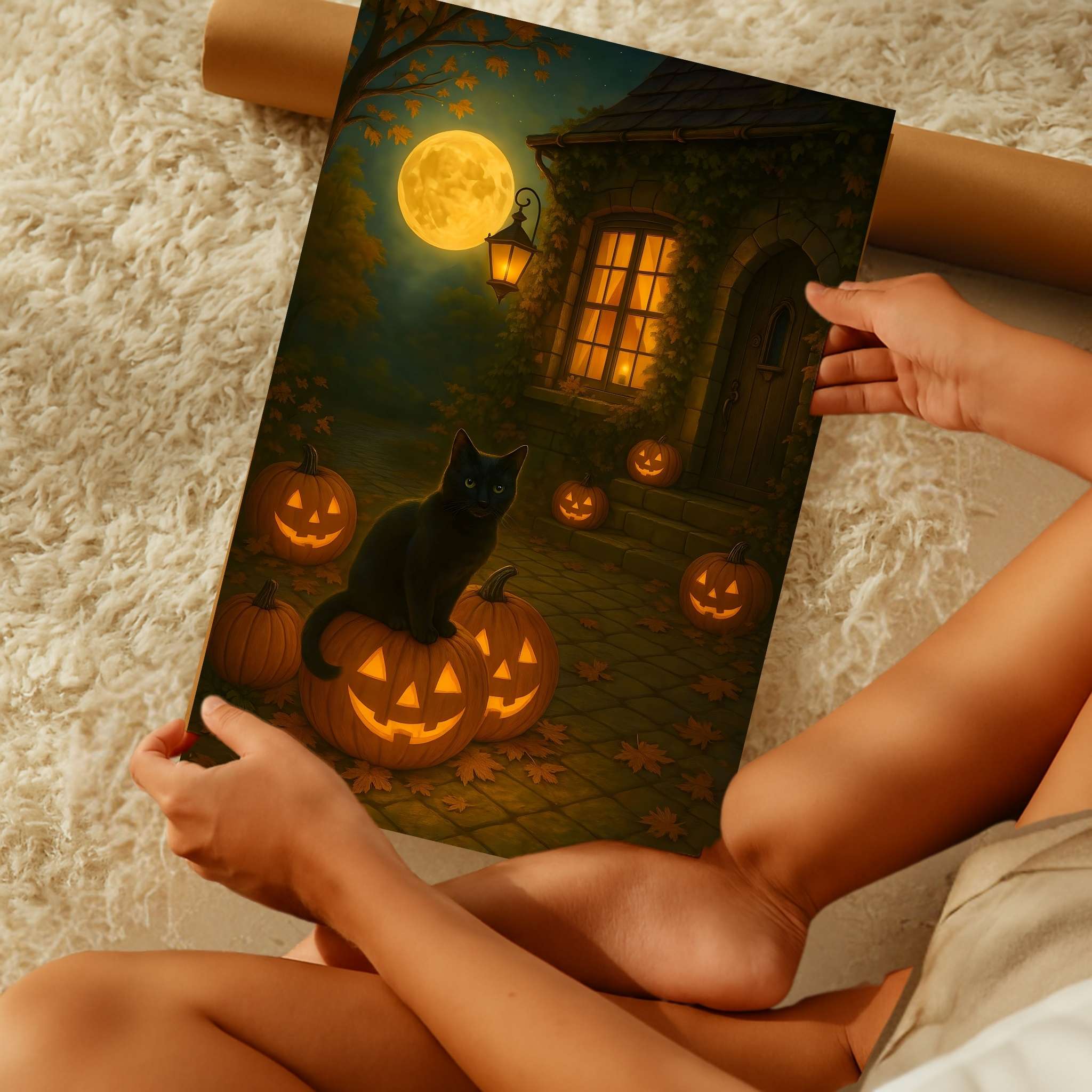 Person holding a Halloween fine art poster with pumpkins and a black cat on a textured surface.