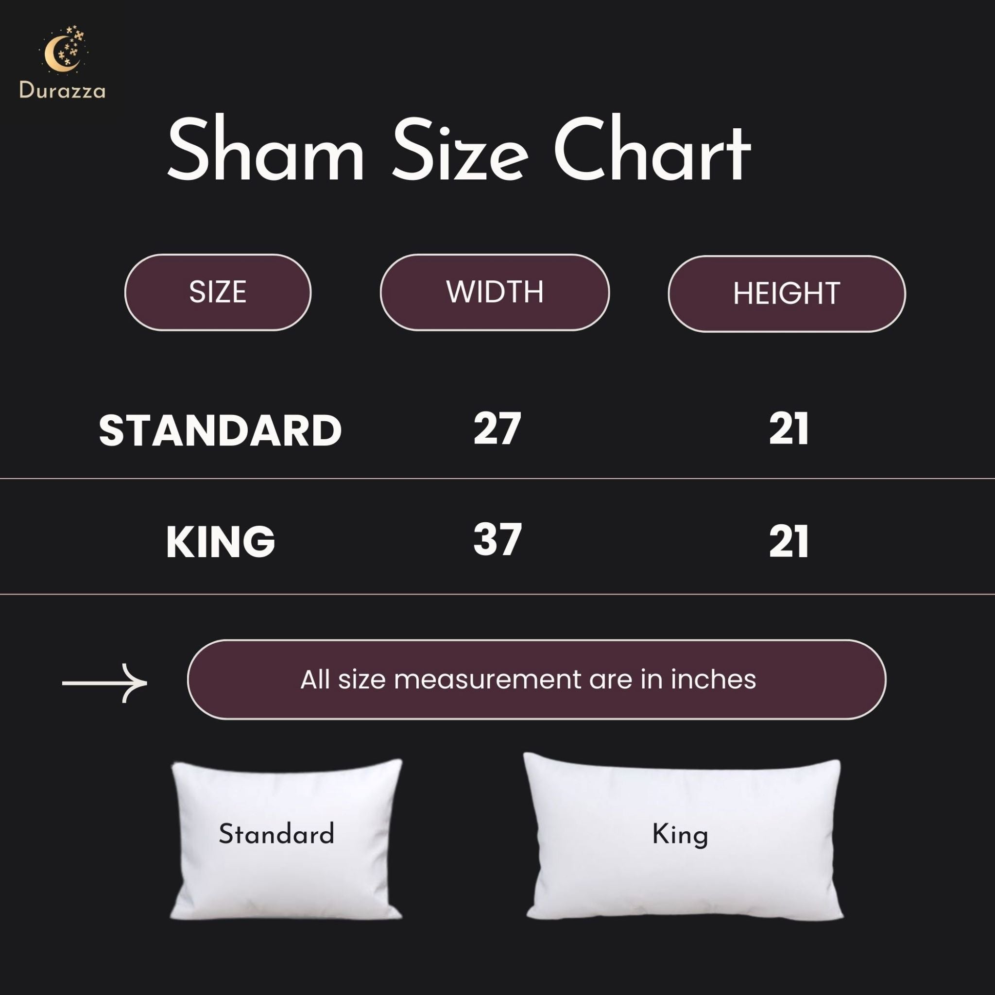 Pillow sham size chart for standard and king pillows with Durazza branding.