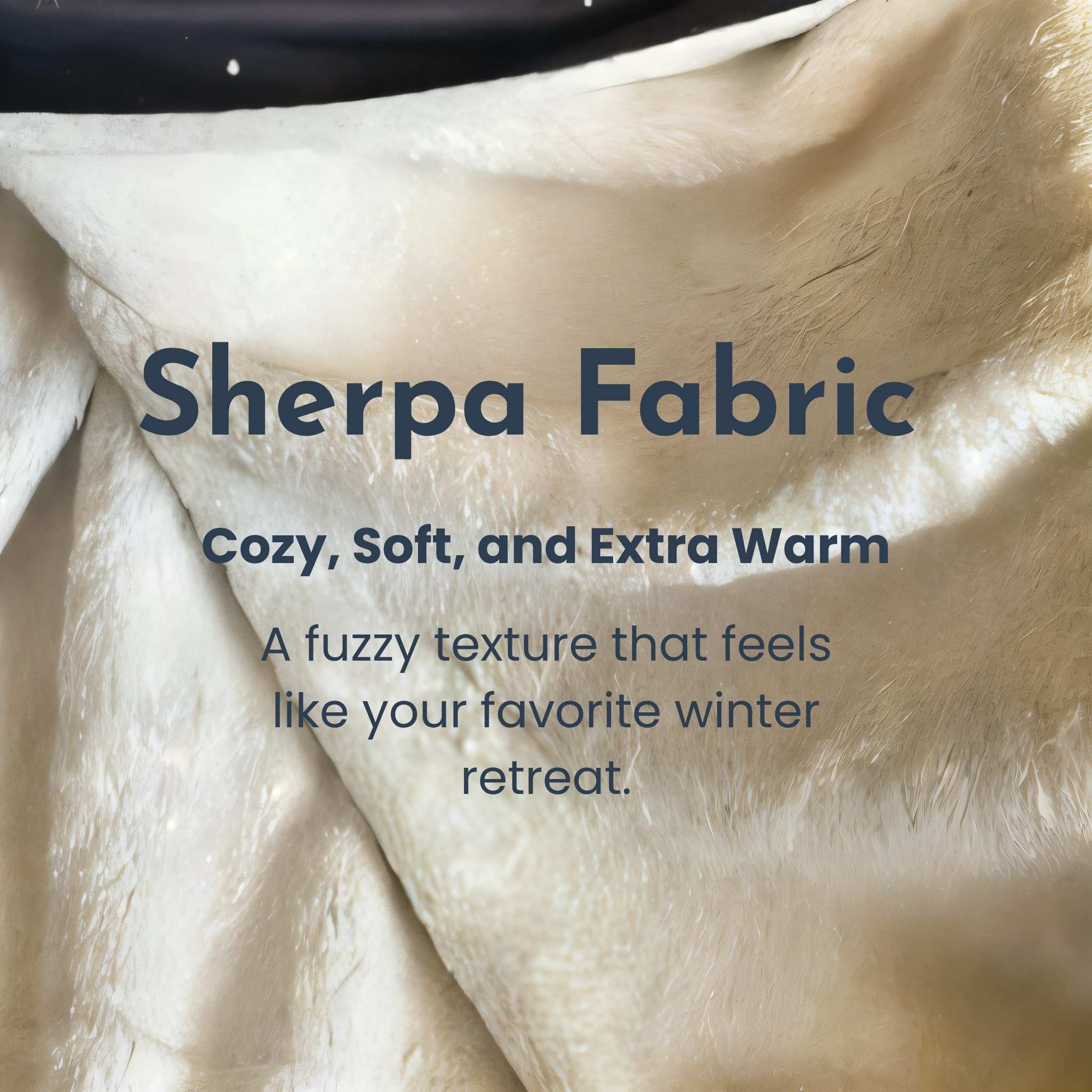Close-up of sherpa fabric with text describing its qualities