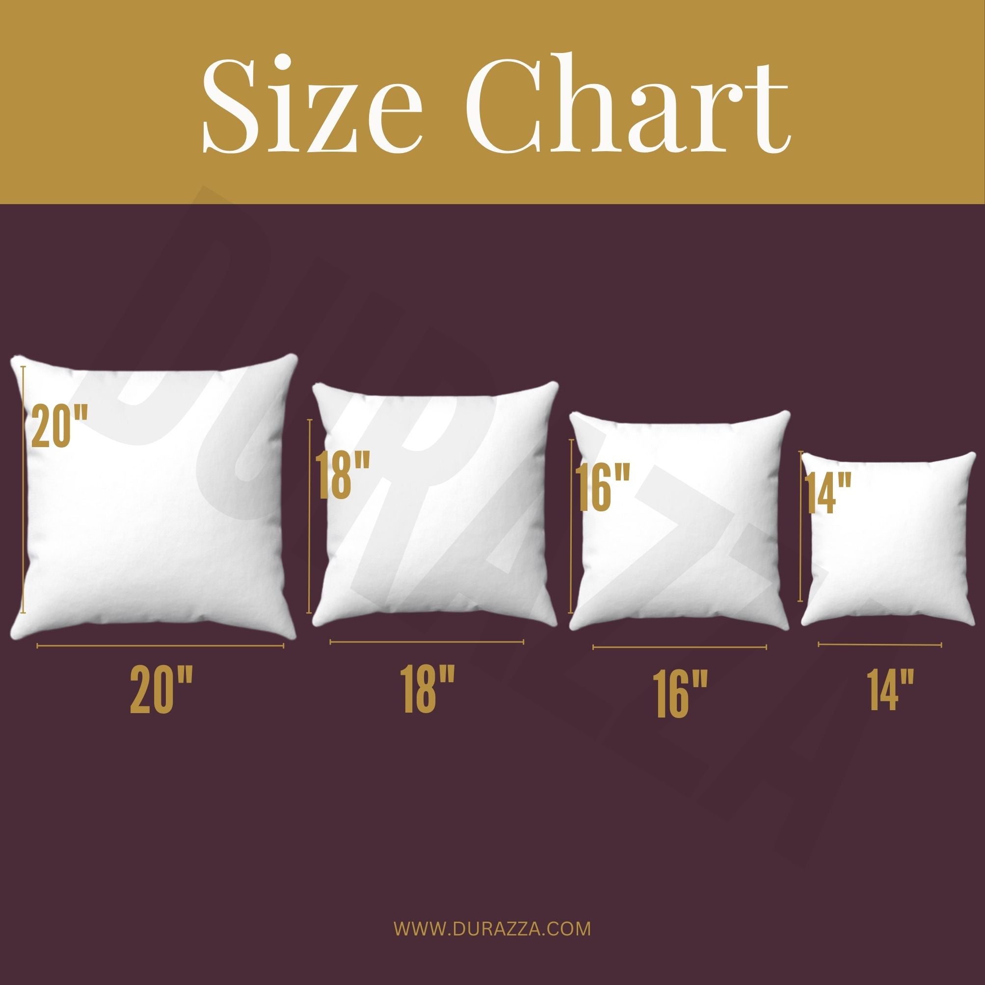 Size chart for Durazza Throw Pillows displaying various pillow sizes from 14 inches to 20 inches.