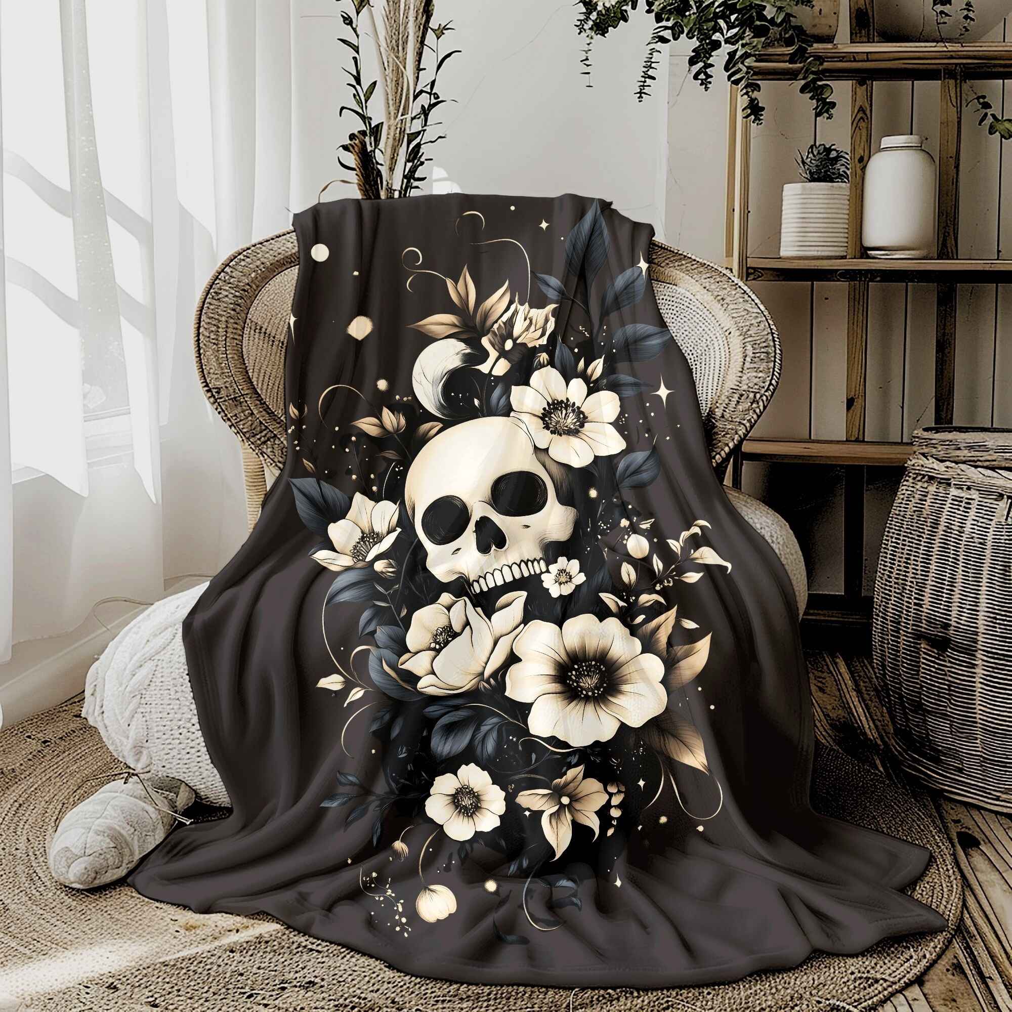 Skull Floral Throw Blanket – Gothic Bloom | Moonlit Memento