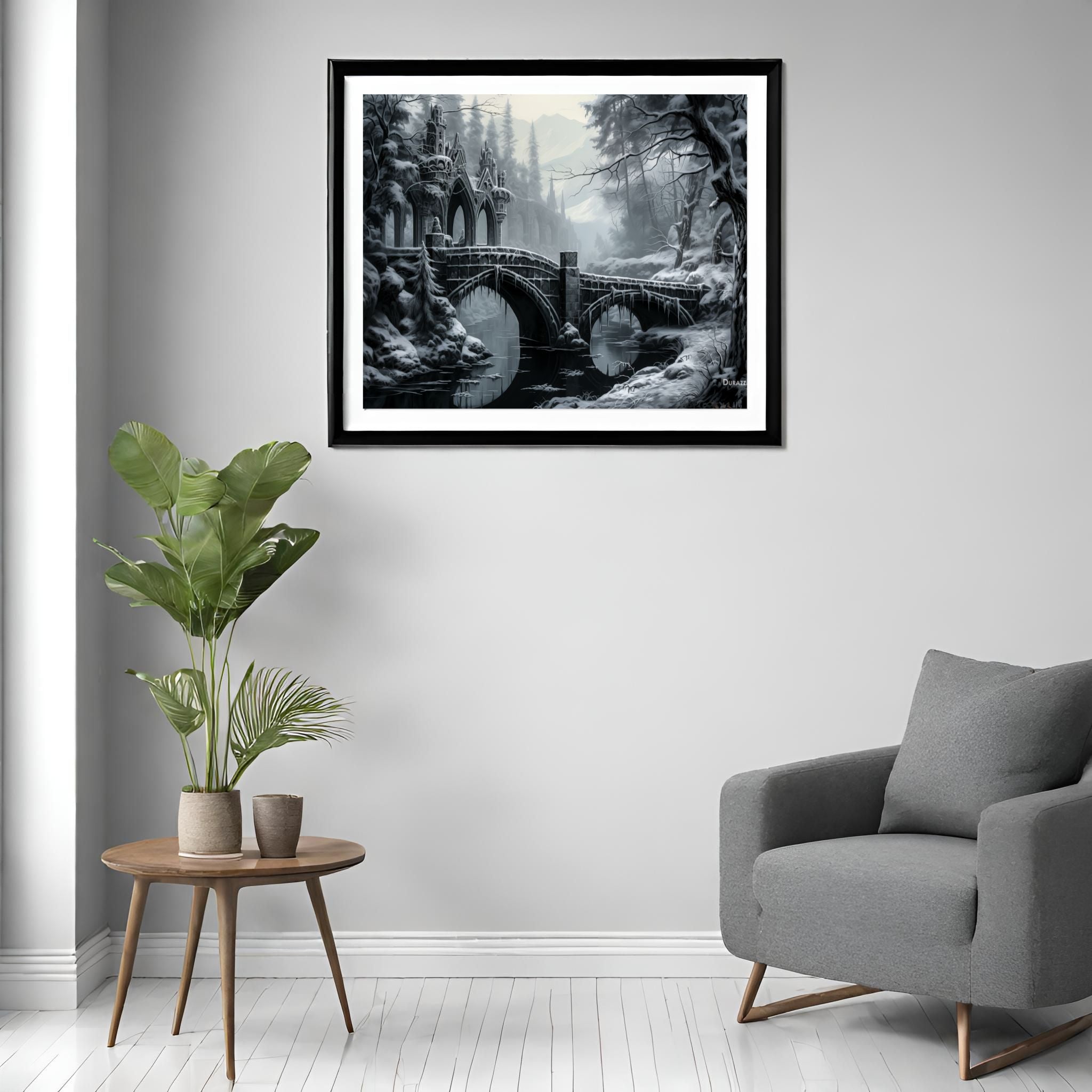 Snowy Bridge Over a Mysterious River Satin Art Print