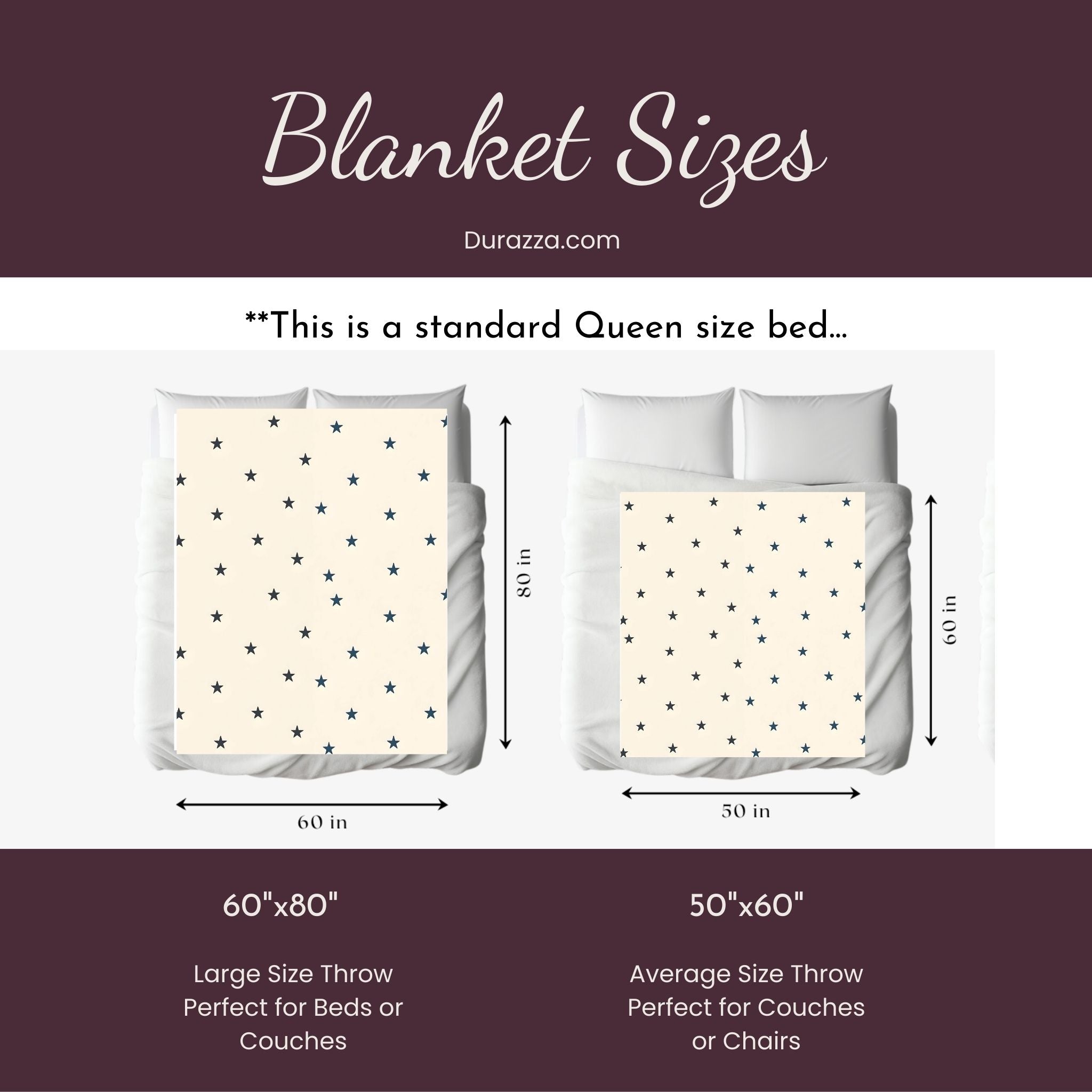 Illustration of blanket sizes with measurements and Durazza.com branding.