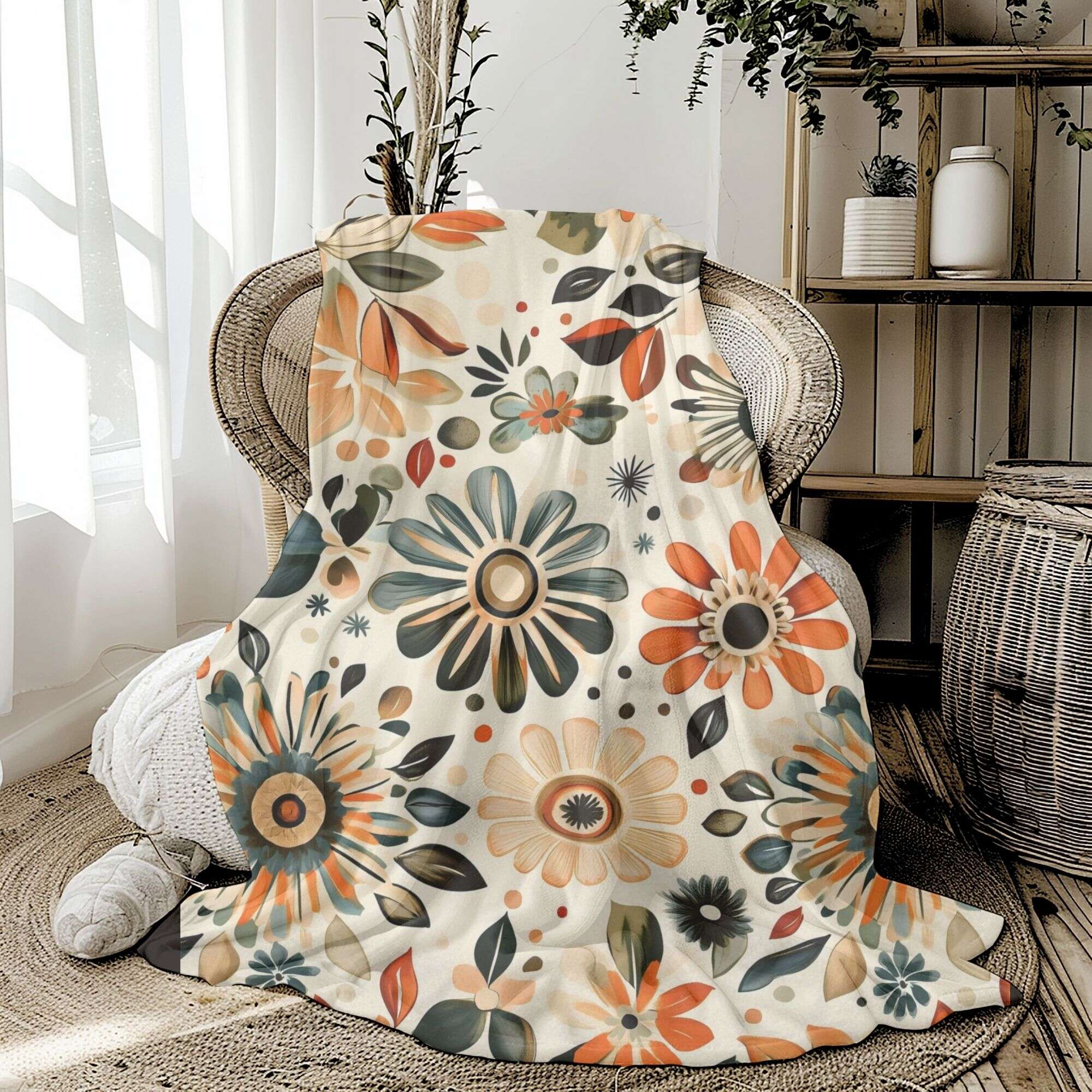 A floral throw blanket with shades of orange, green, and beige spread out on a sofa in a living room setting.