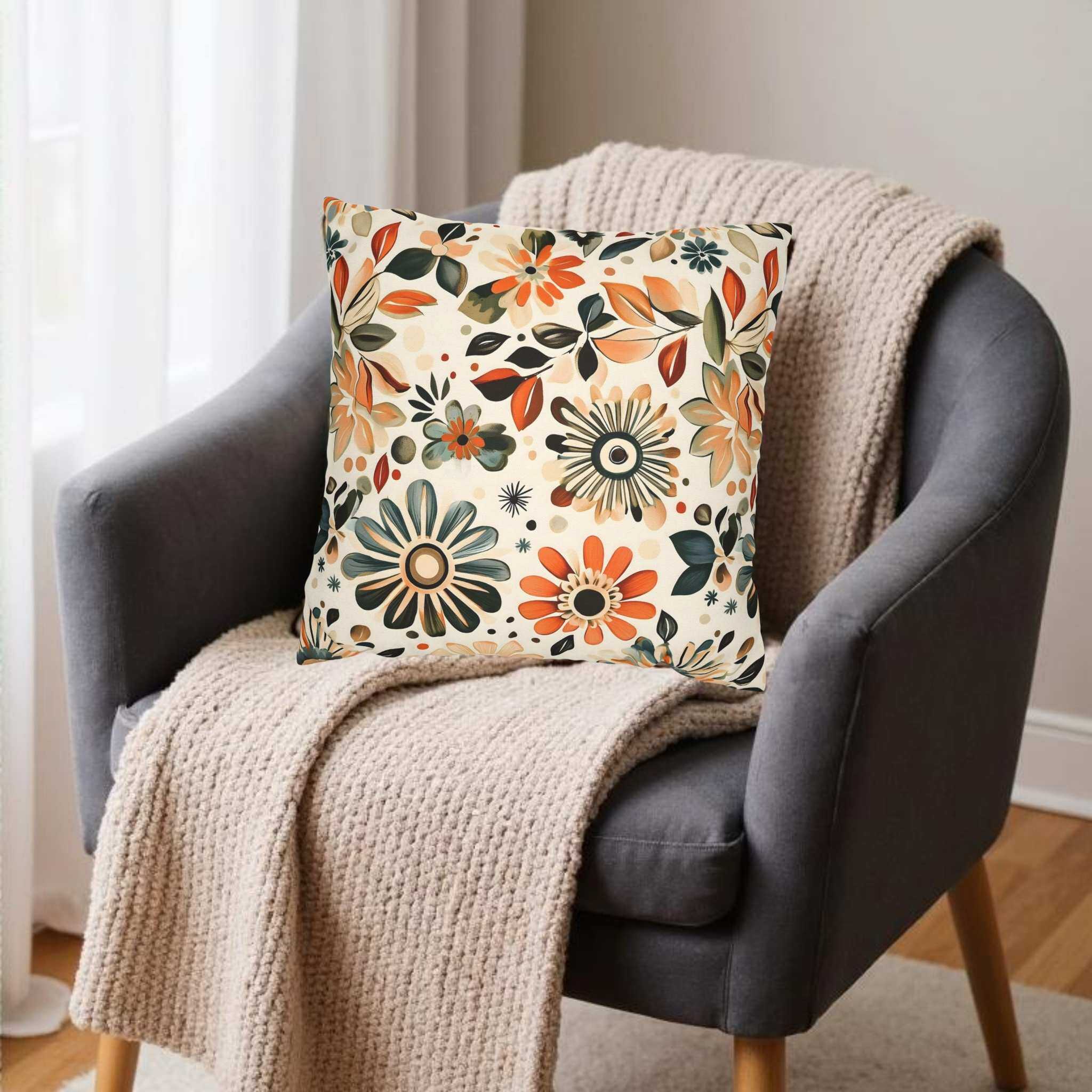 A square-shaped throw pillow with a floral pattern in shades of orange, green, and black, placed on a chair with a beige blanket.