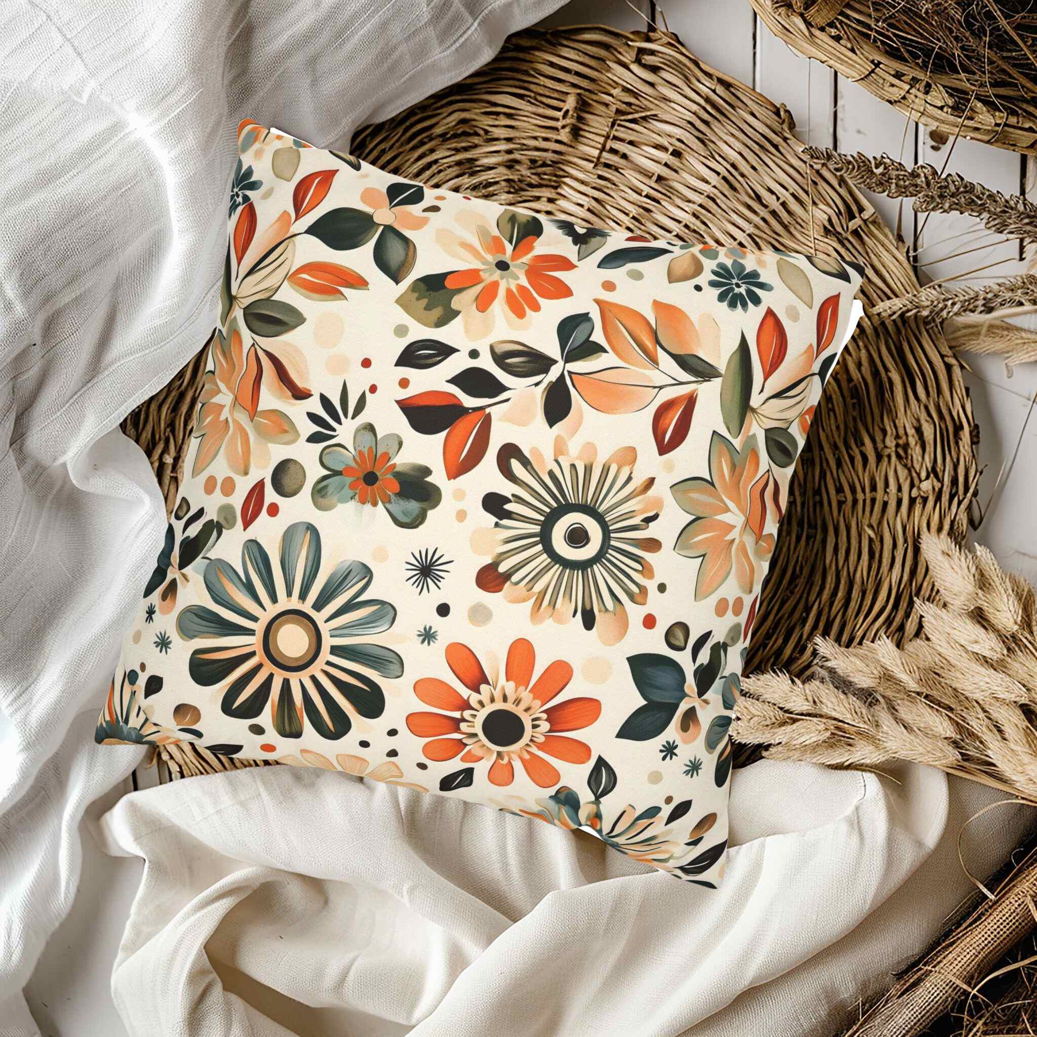 A square-shaped throw pillow with a floral pattern in shades of orange, green, and black, placed on a chair with a beige blanket.