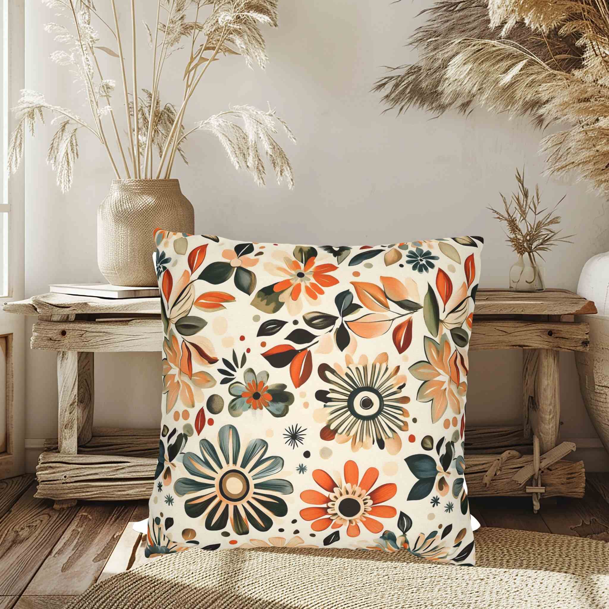 A square-shaped throw pillow with a floral pattern in shades of orange, green, and black, placed on a chair with a beige blanket.