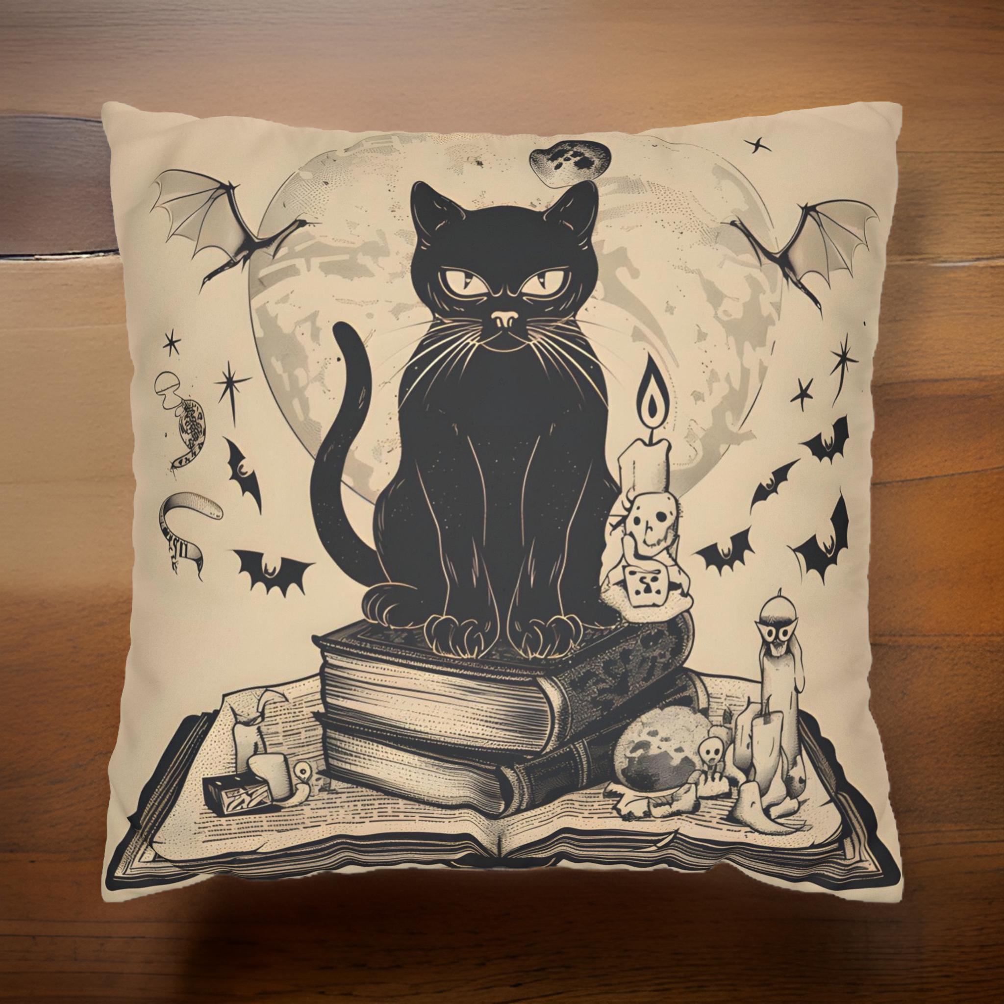 A throw pillow featuring a vintage black cat illustration with an open book, surrounded by flickering candles and a full moon in the background, on a wood-textured background.