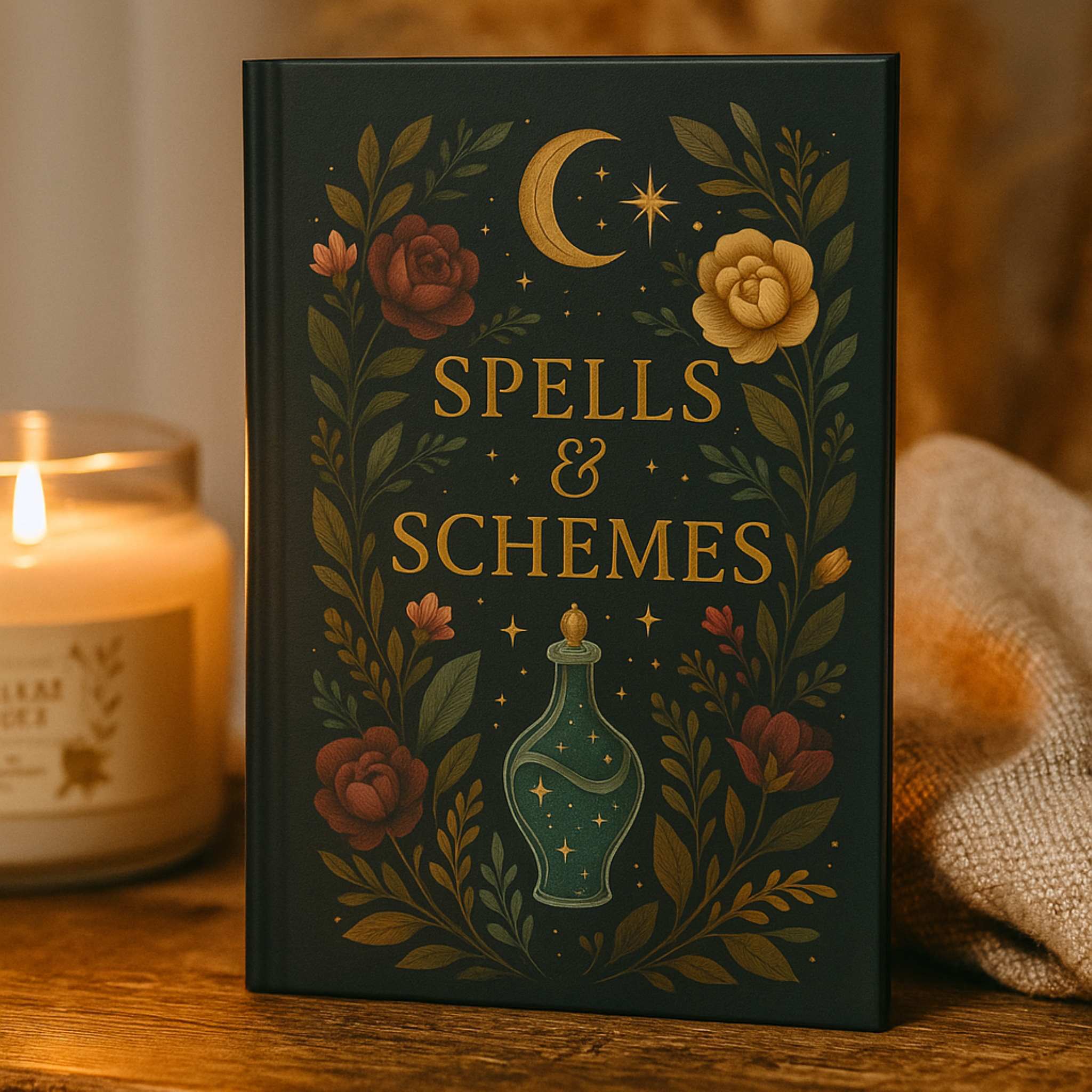Book titled 'Spells & Schemes' with decorative cover featuring flowers and a potion bottle on a wooden surface.