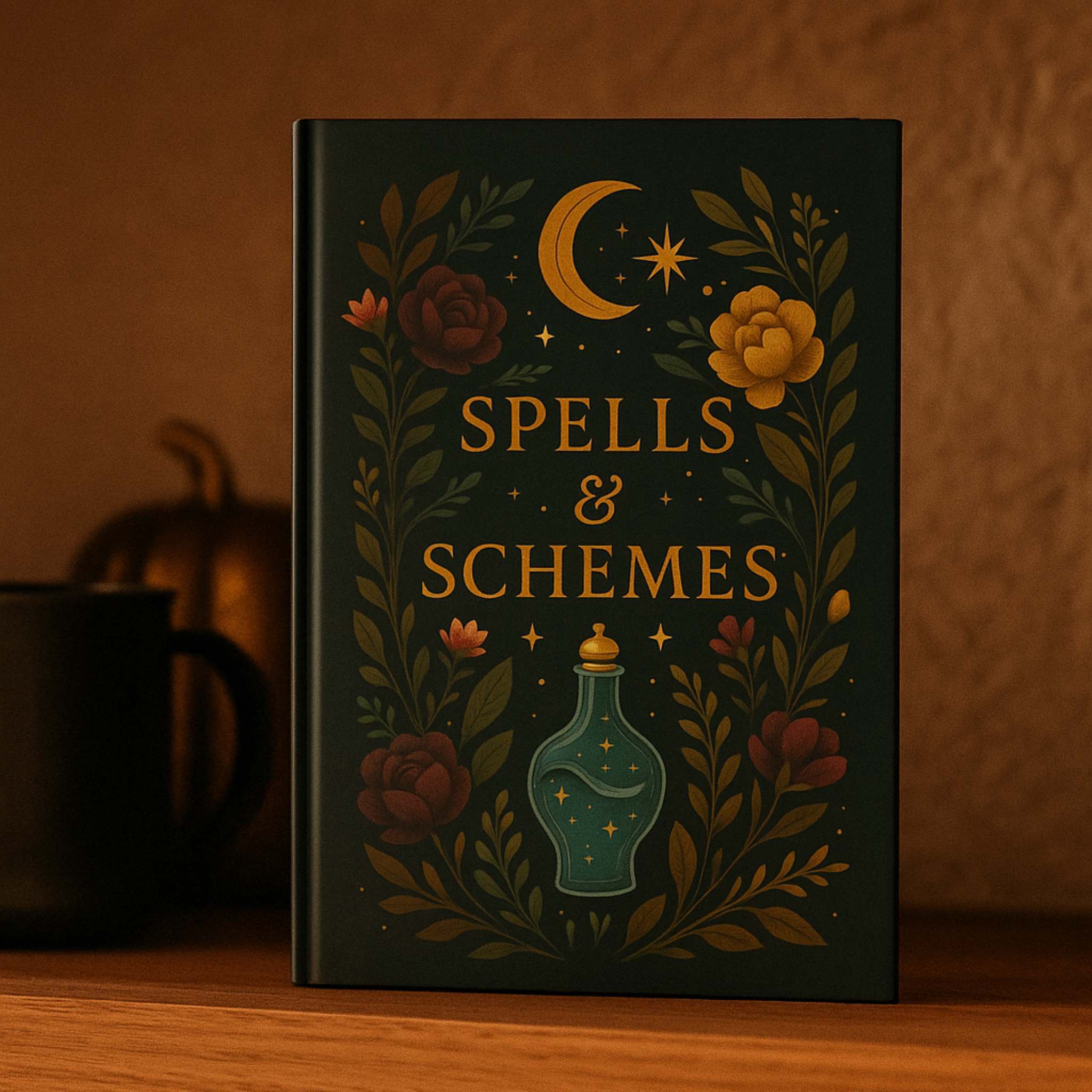 Book titled 'Spells & Schemes' with decorative elements on a wooden surface.