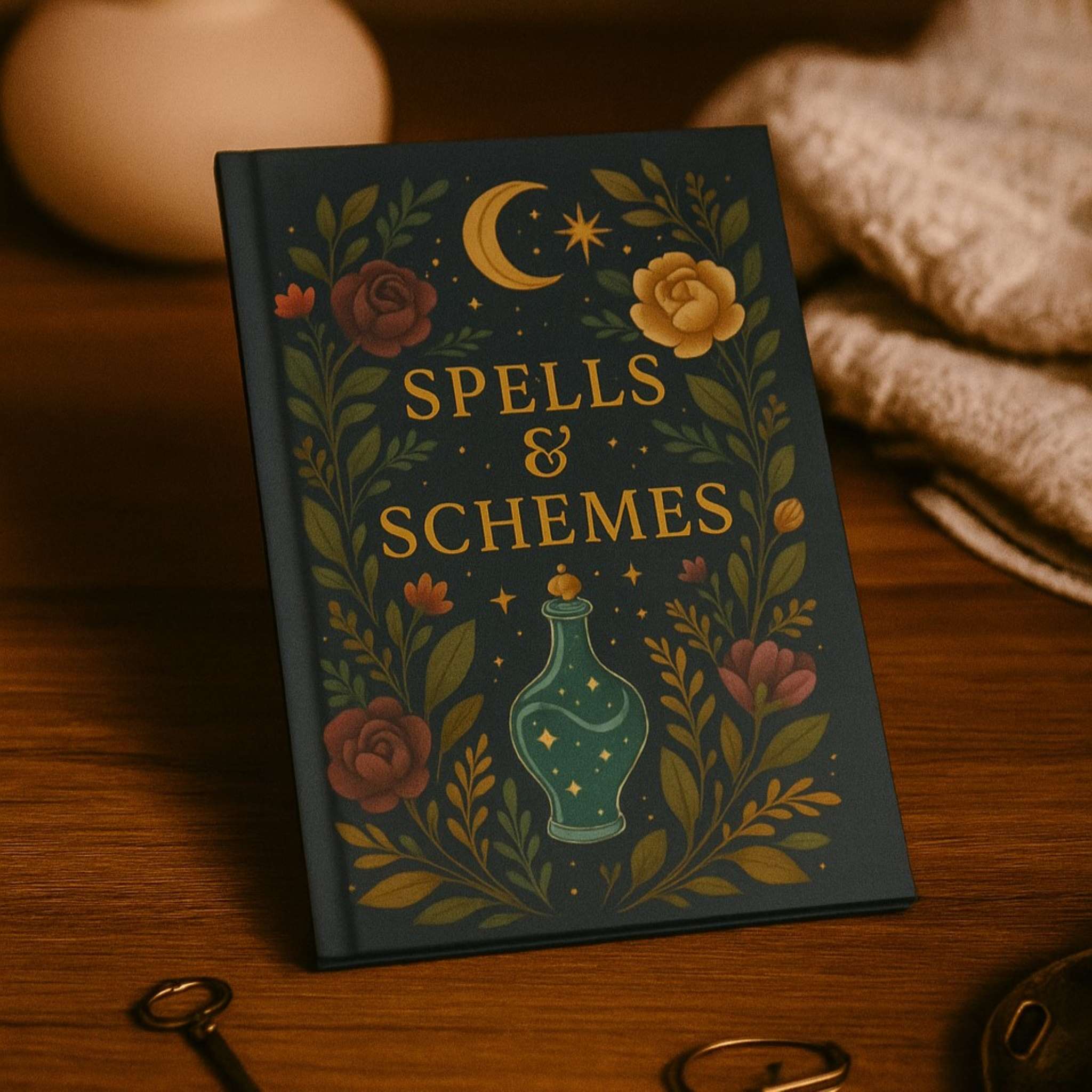 Journal titled 'Spells & Schemes' with decorative cover on a wooden surface