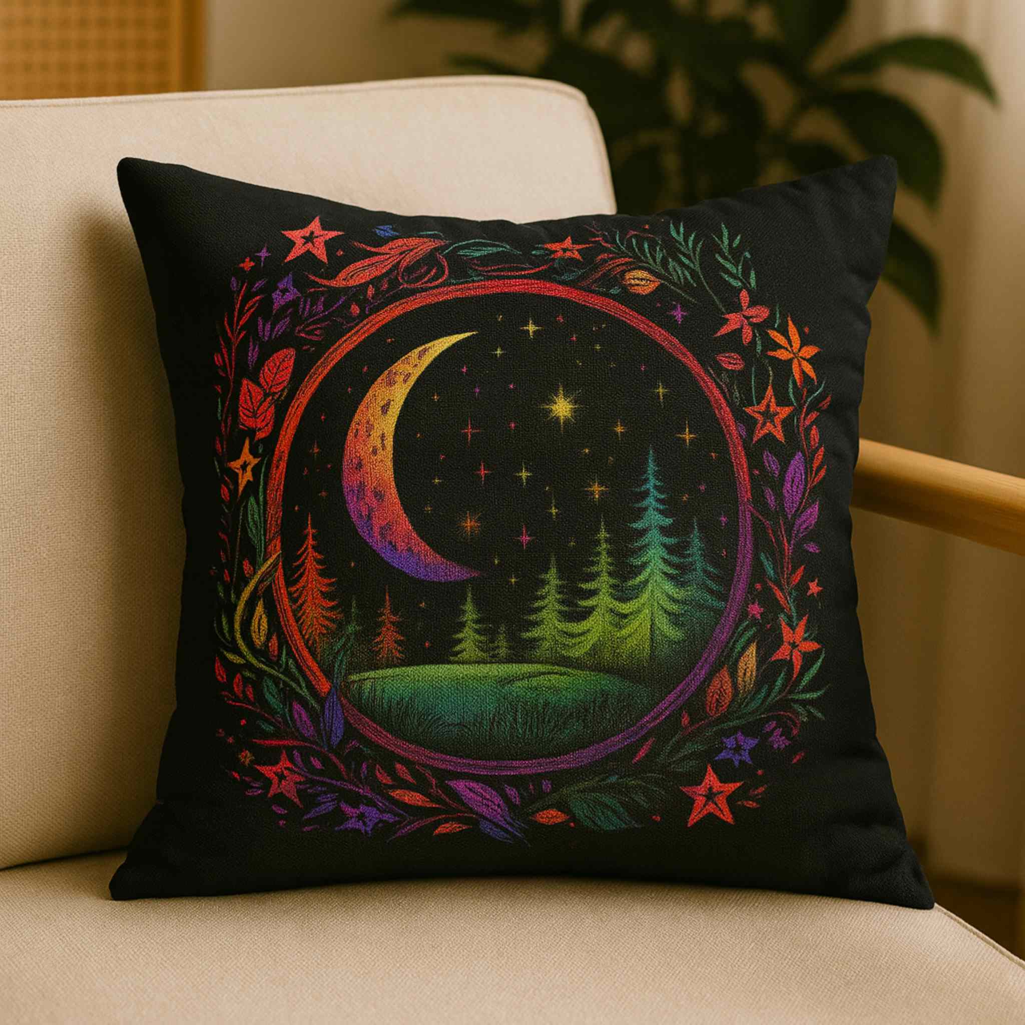 Neon Moon Pillow – Woven Polyester Cushion | Starlit Grove