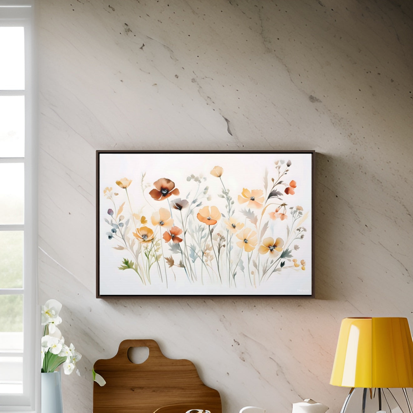 Sunset Serenade Framed Art Print: Muted Wildflower Watercolor Canvas