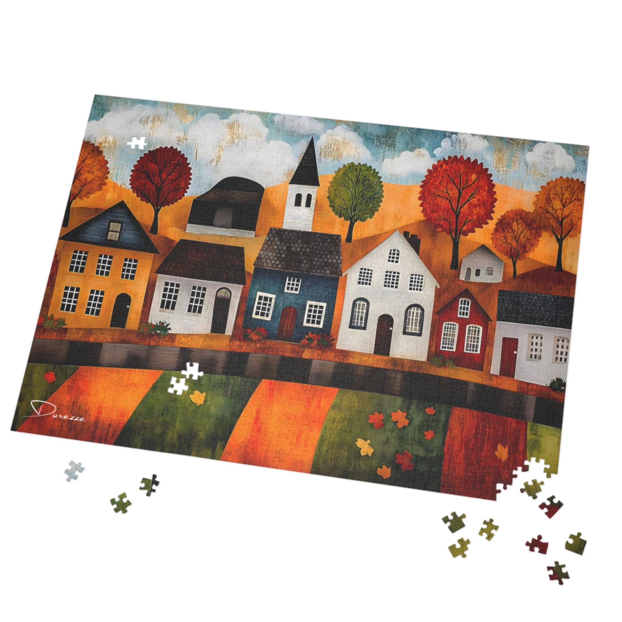 Fall Village Jigsaw Puzzle 500 or 1000 Piece | Autumn Village Vista – Durazza