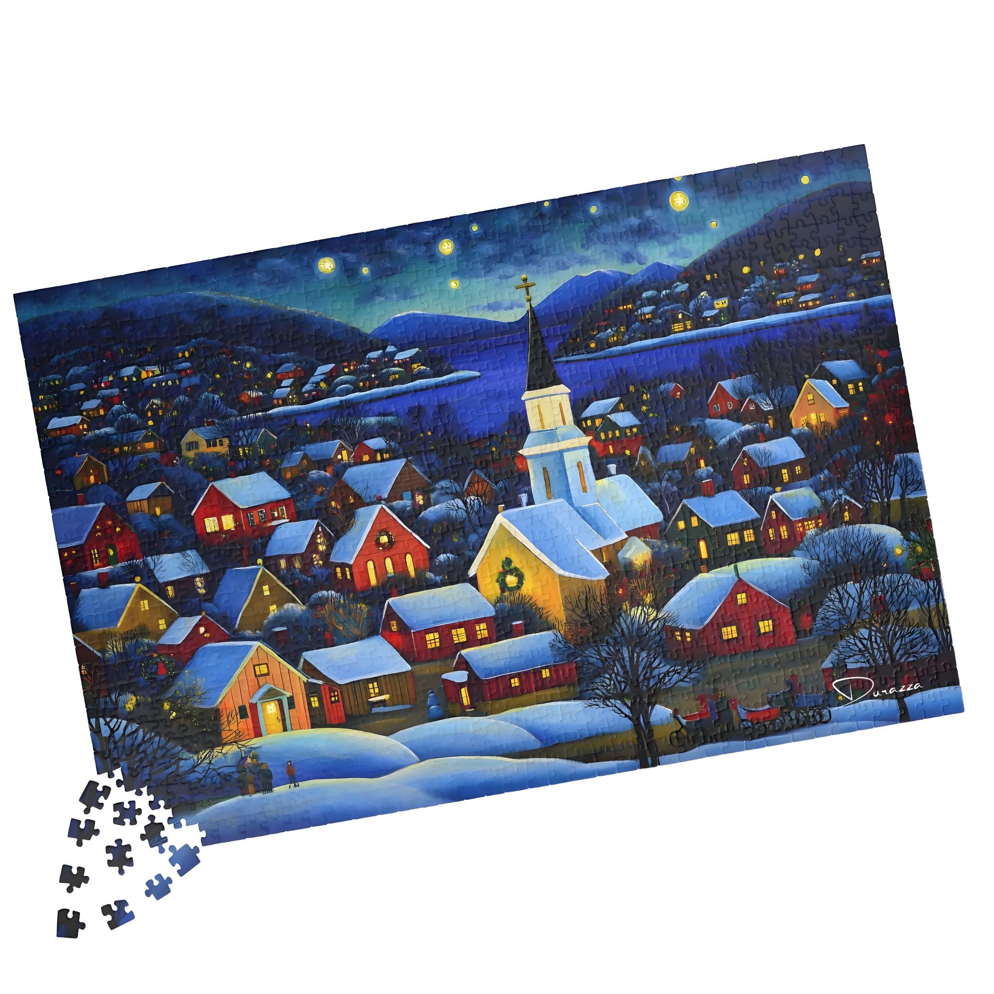 Winter Village Jigsaw Puzzle – 500 or 1000 Piece | Frost Chapel · Durazza