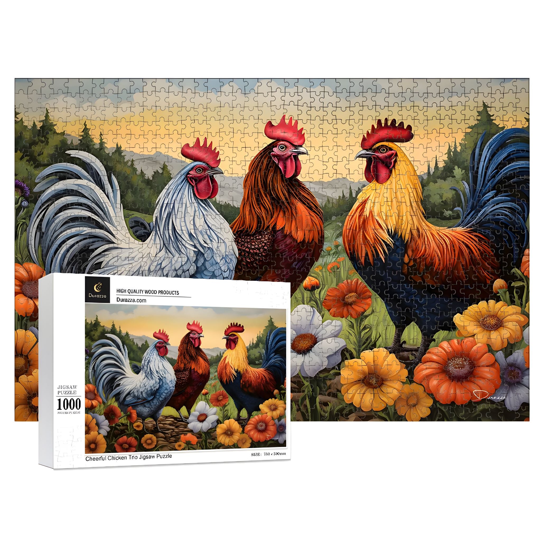 Jigsaw puzzle with three colorful roosters and a box displaying the puzzle on a white background