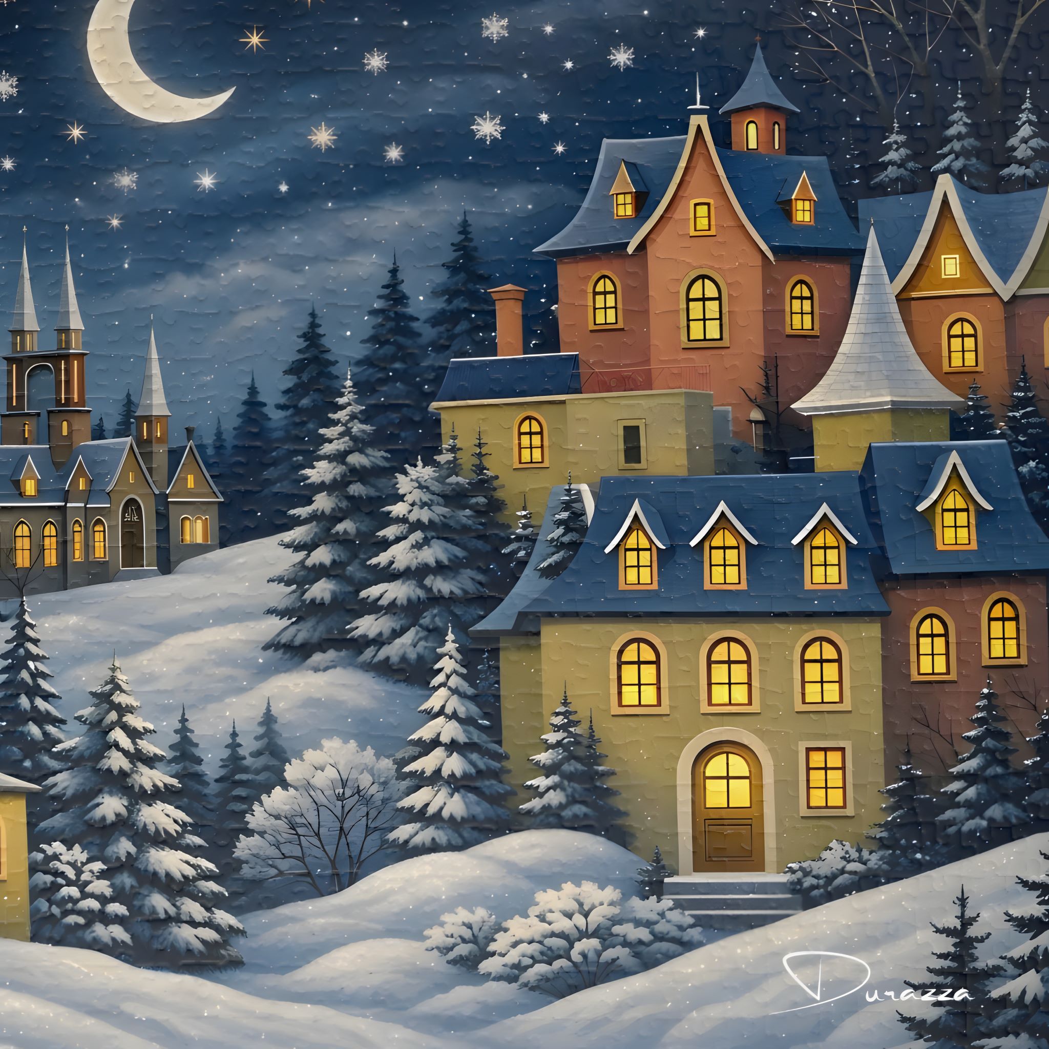 Snow Town Jigsaw Puzzle 500 Piece | Snowy Moonlit Frost – Durazza