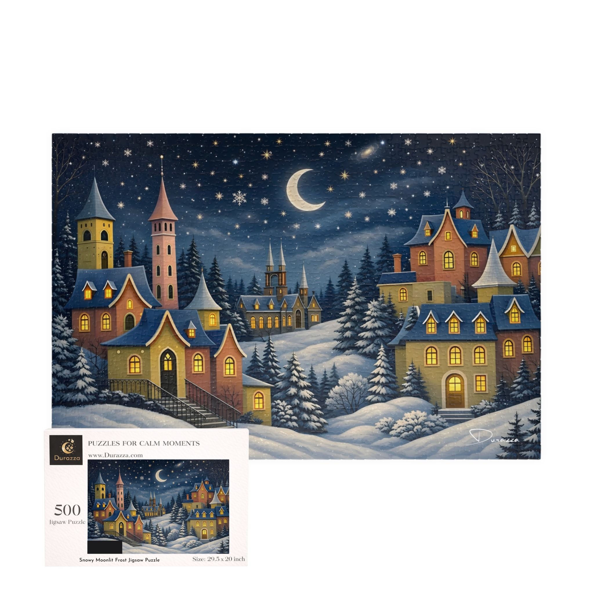 Winter village scene with illuminated houses and trees on a wood jigsaw puzzle packaging.