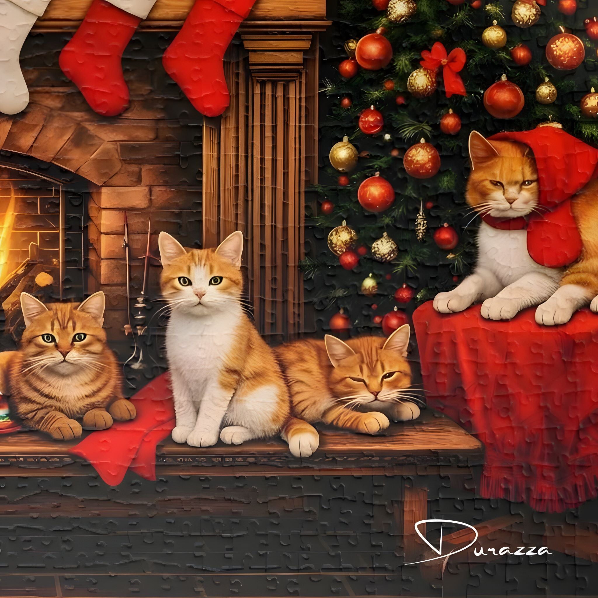 A holiday jigsaw puzzle of four cats on a hearth with a Christmas tree and stockings.