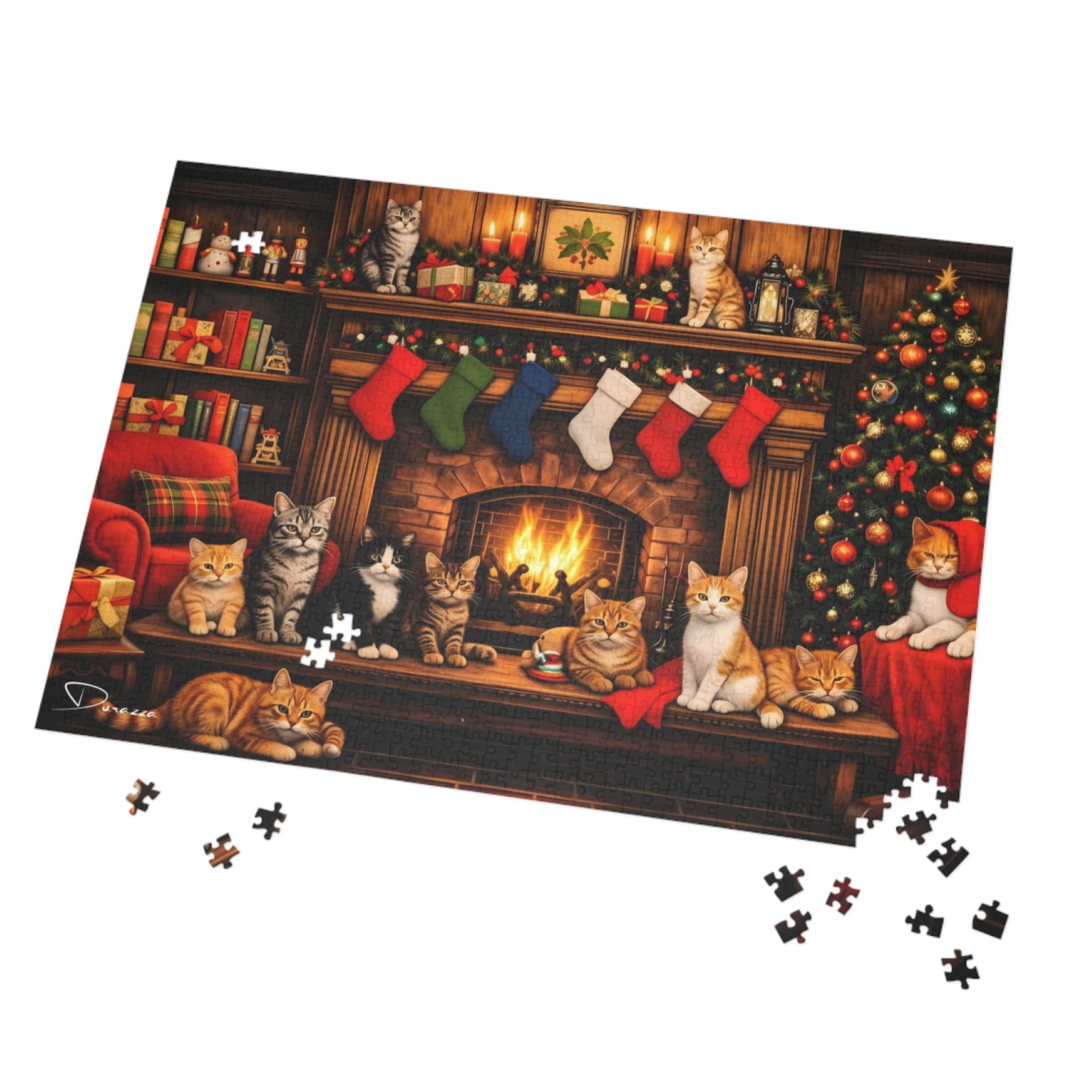 1000 piece Christmas jigsaw puzzle featuring cats around a fireplace and tree, with scattered pieces.