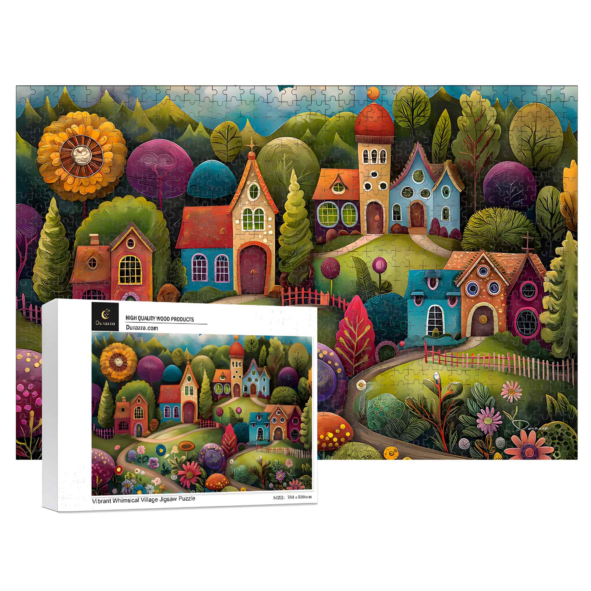 Vibrant Whimsical Village Jigsaw Puzzle: 500 or 1000 Piece