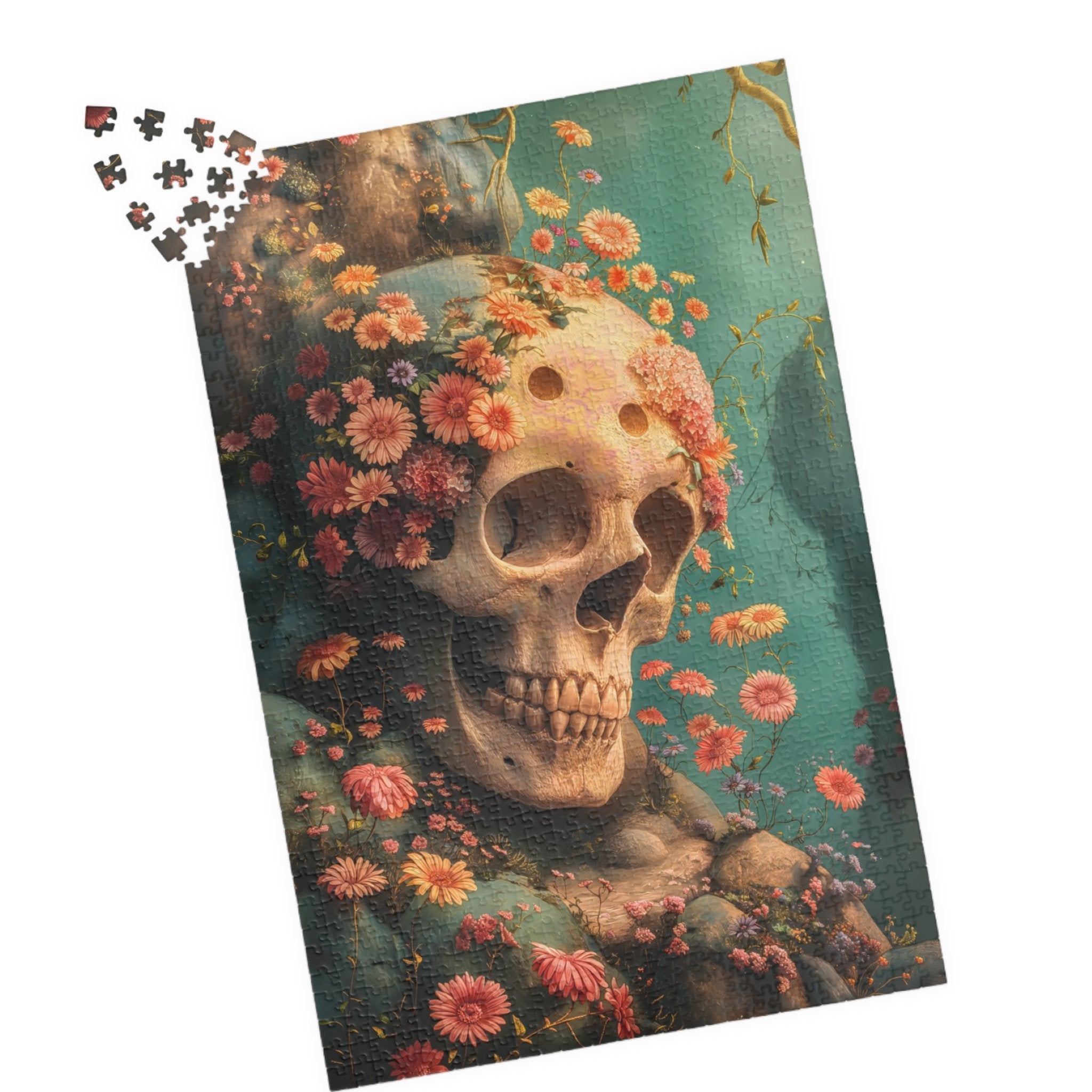 Jigsaw puzzle with a skull and floral design on a white background