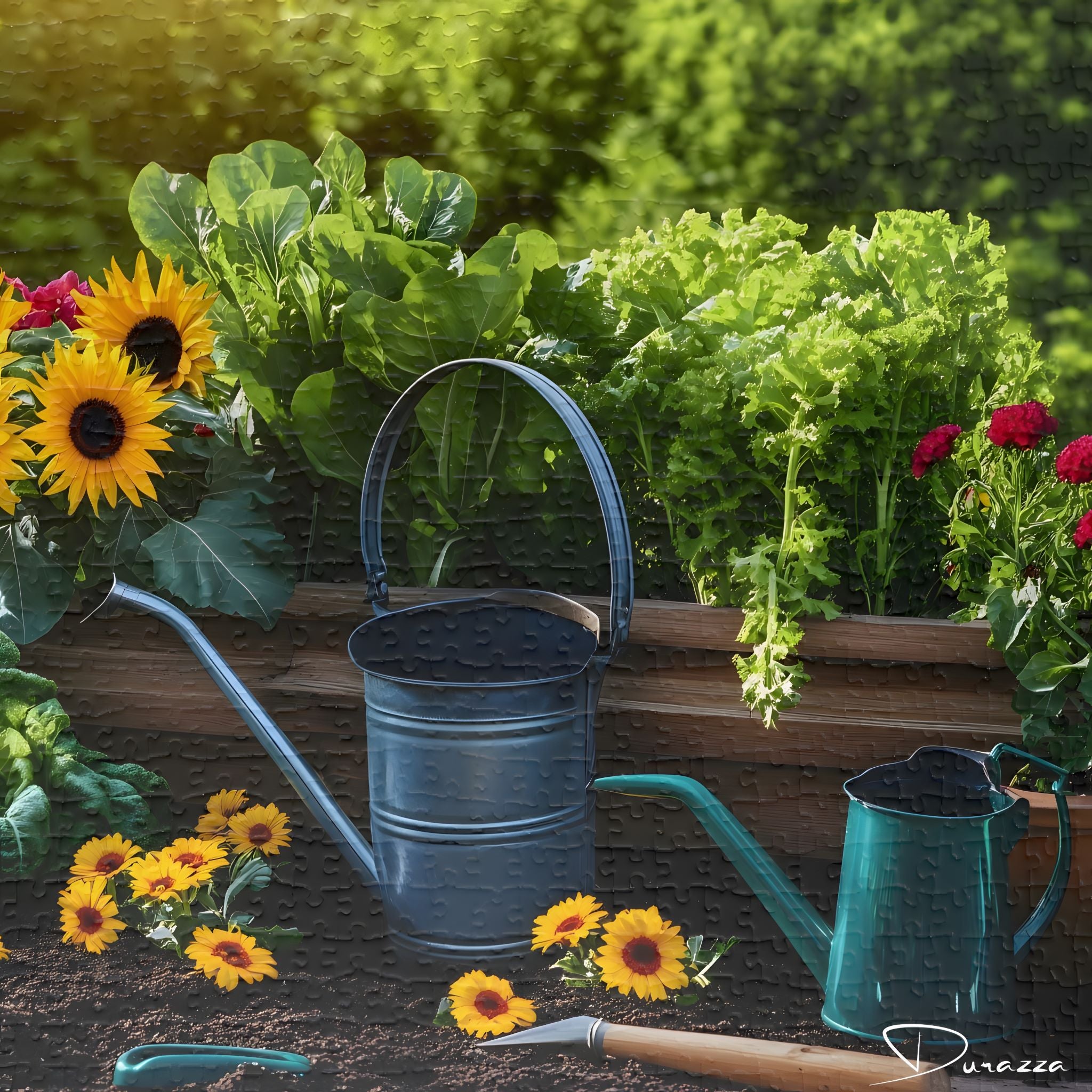 Gardening jigsaw puzzle with watering cans, plants, and flowers on a wooden ledge.