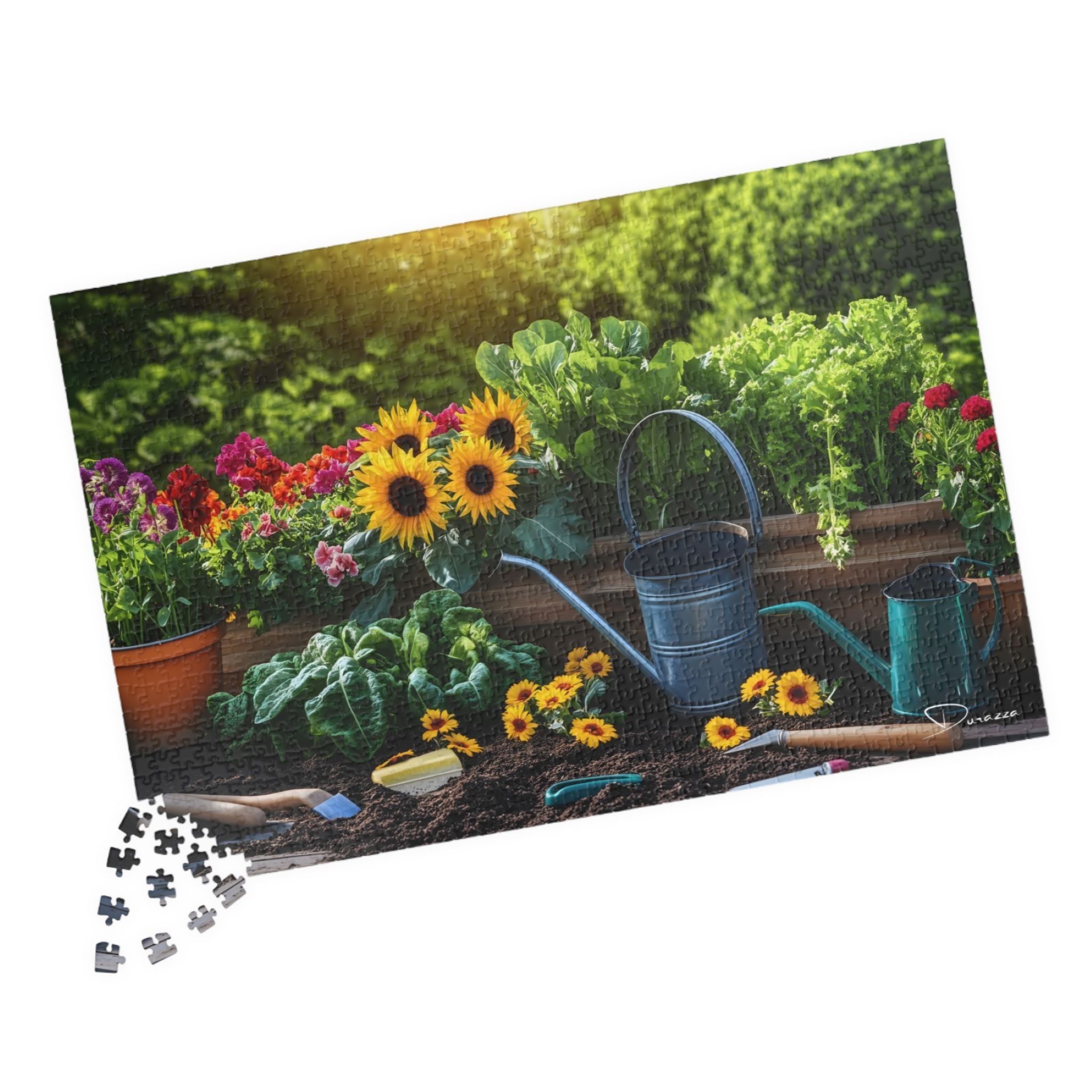 Cottage Garden with flowers, plants, and a watering can on wooden jigsaw puzzle.