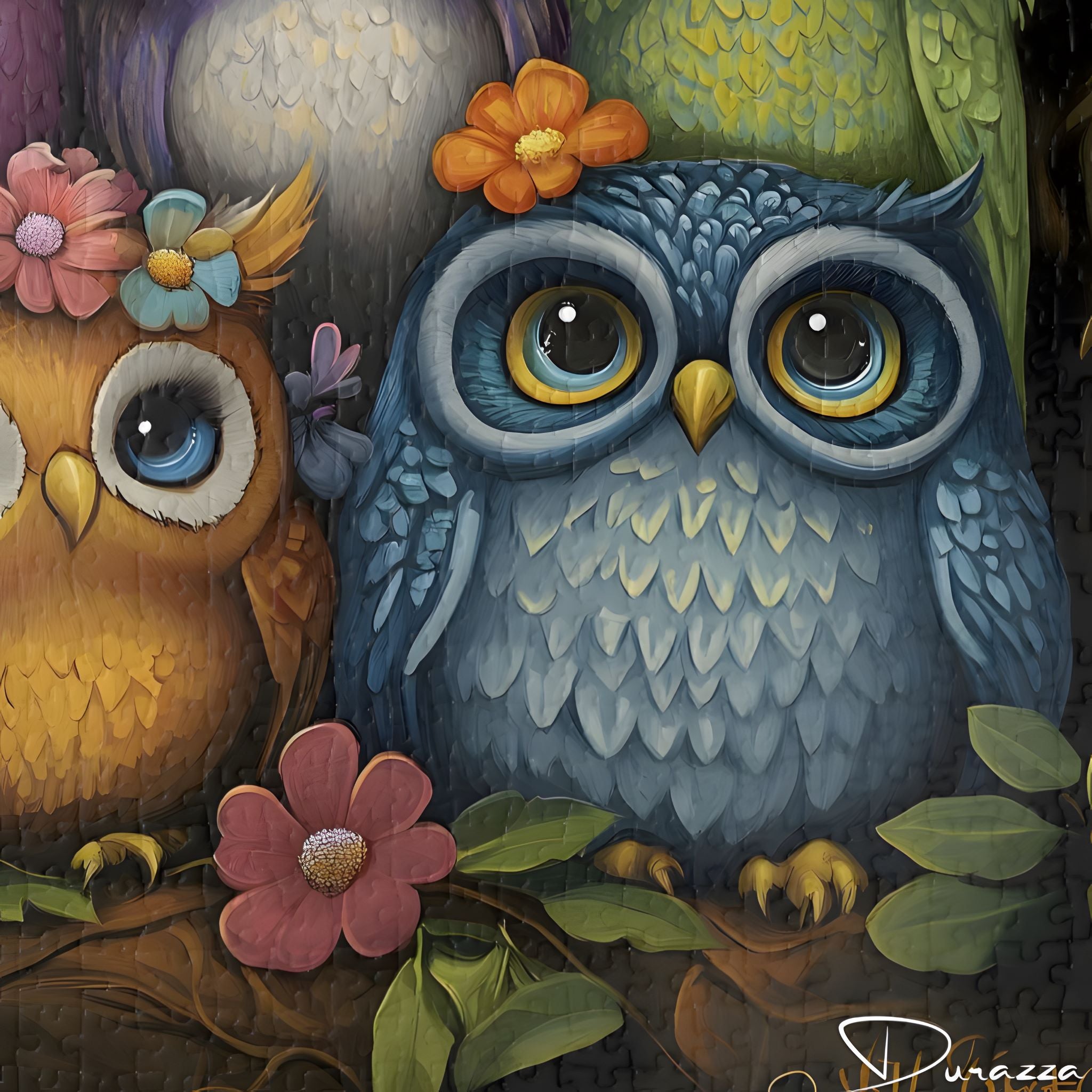 A Mother's day puzzle with two colorful owls with flowers and leaves.