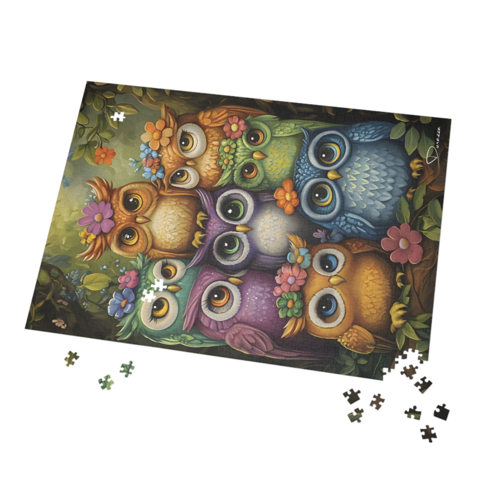 500 or 1000 piece owl-themed puzzle with scattered pieces.