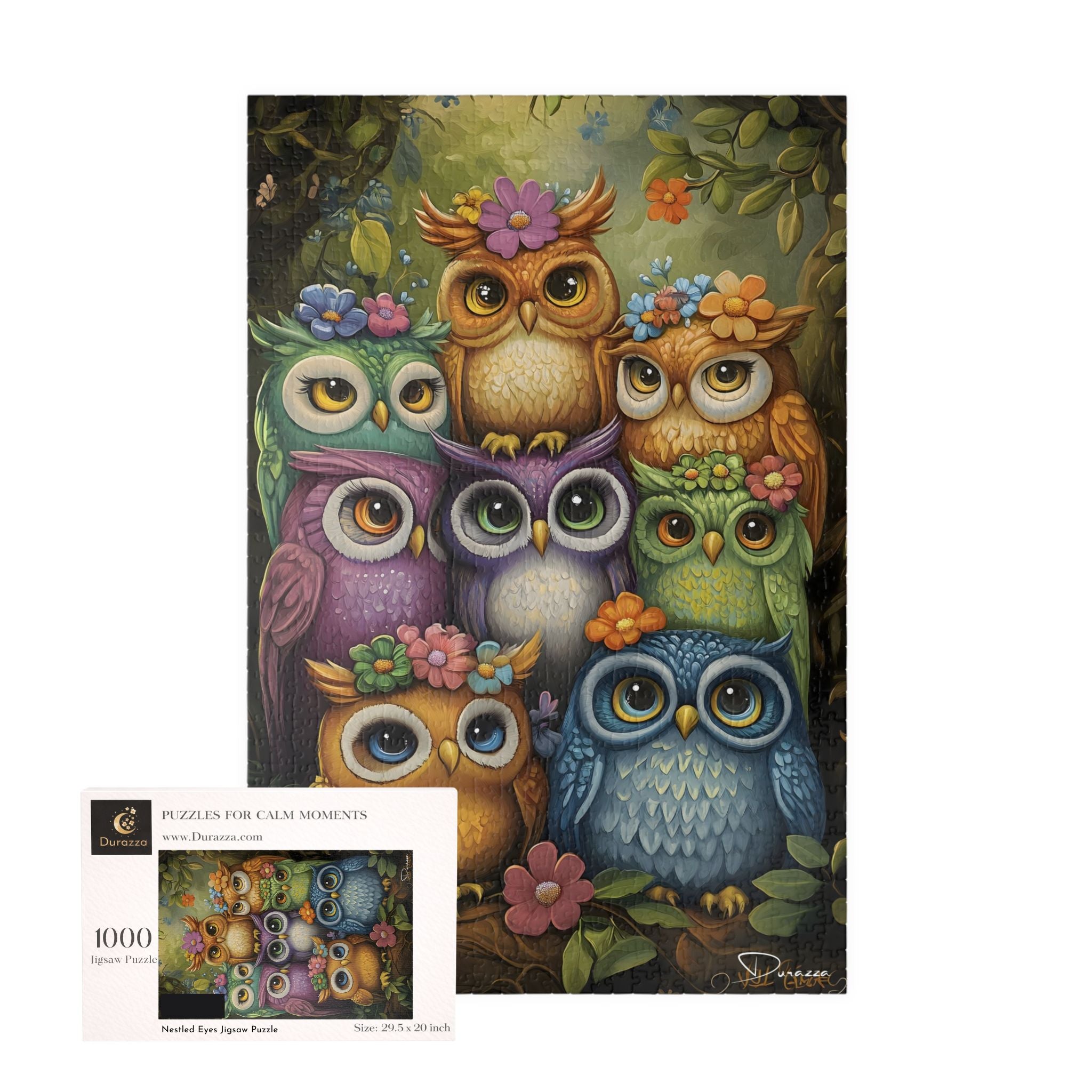 Colorful owl jigsaw puzzle with a Durazza box in corner.