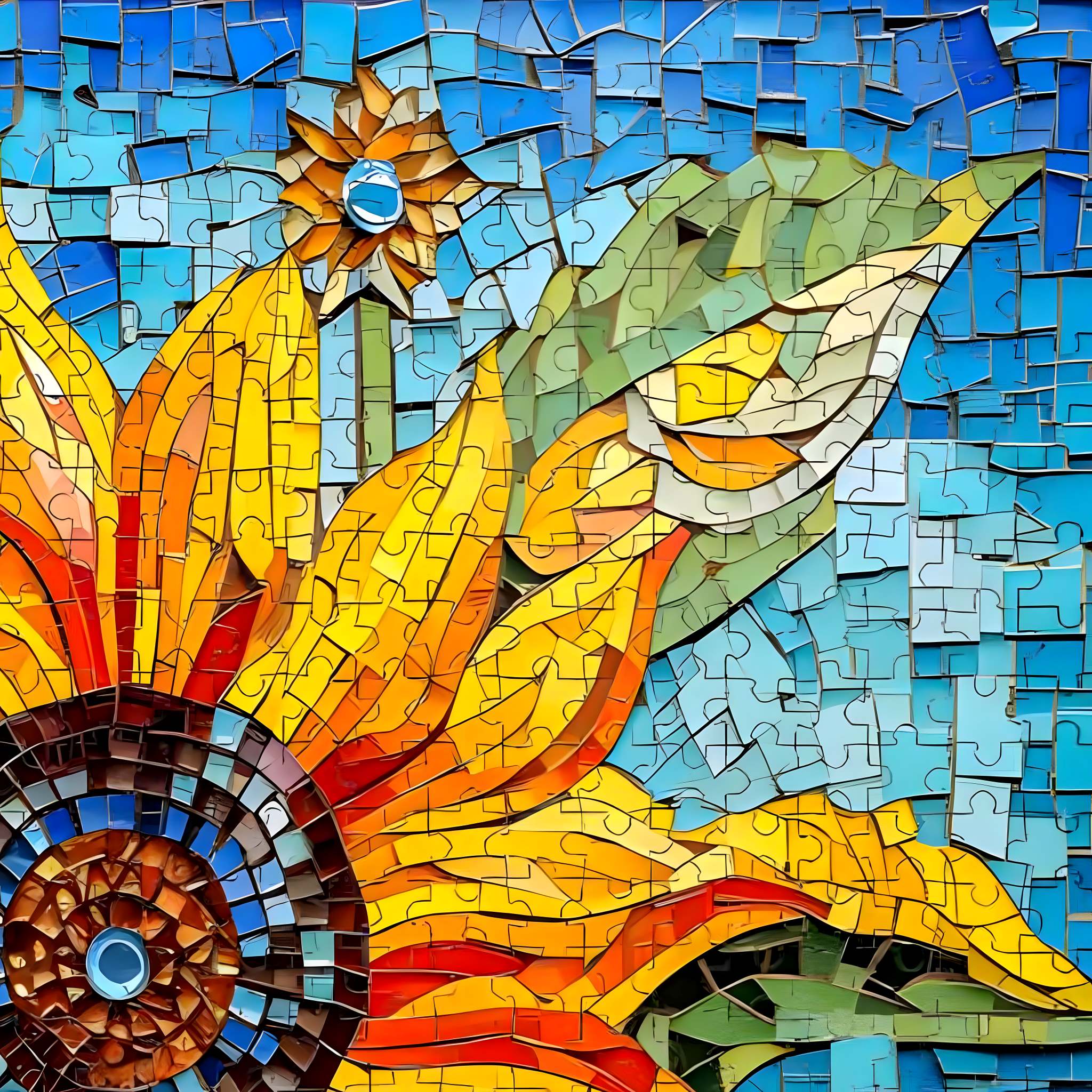 Colorful mosaic puzzle with a sunflower design on a blue background