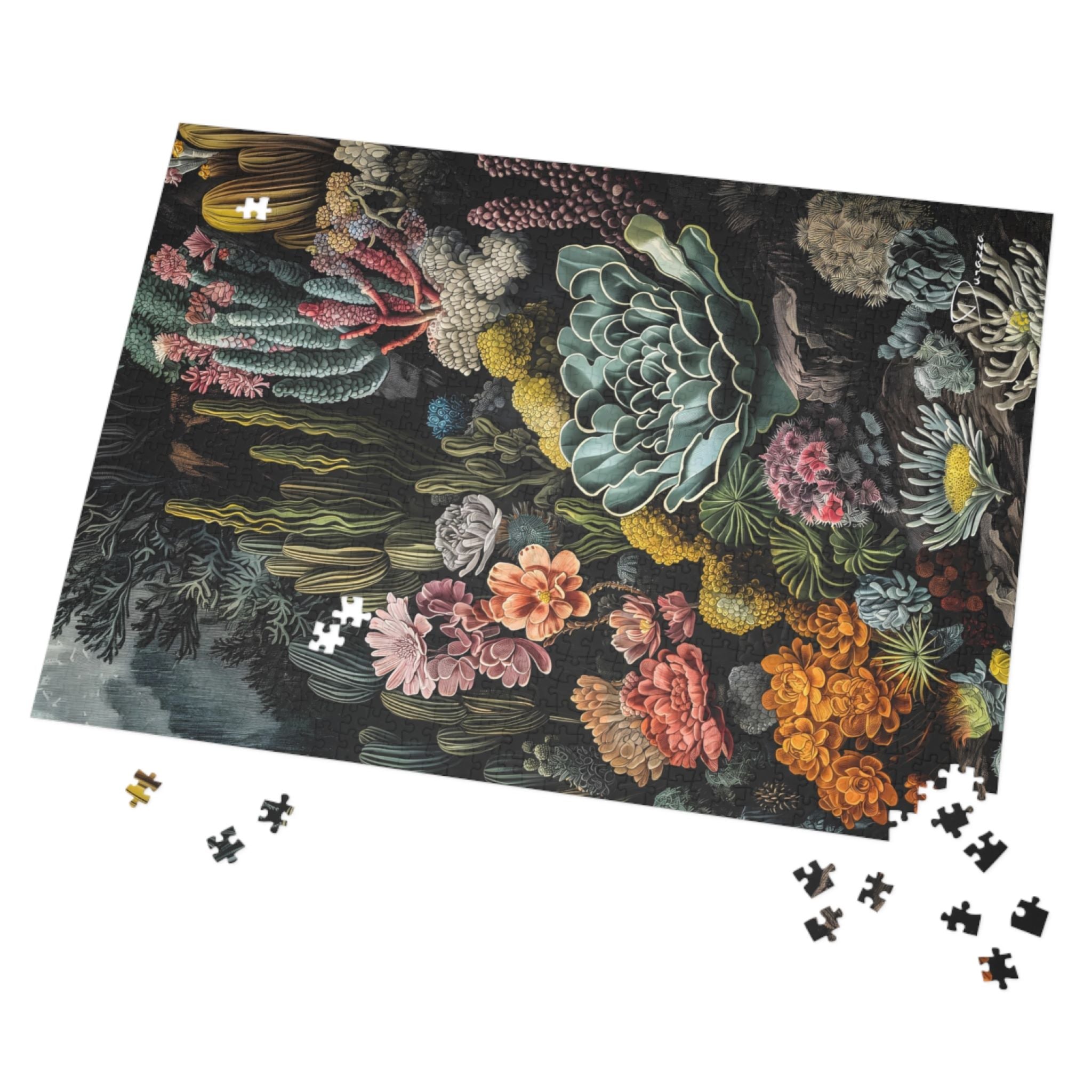 Floral puzzle with missing pieces on a white background
