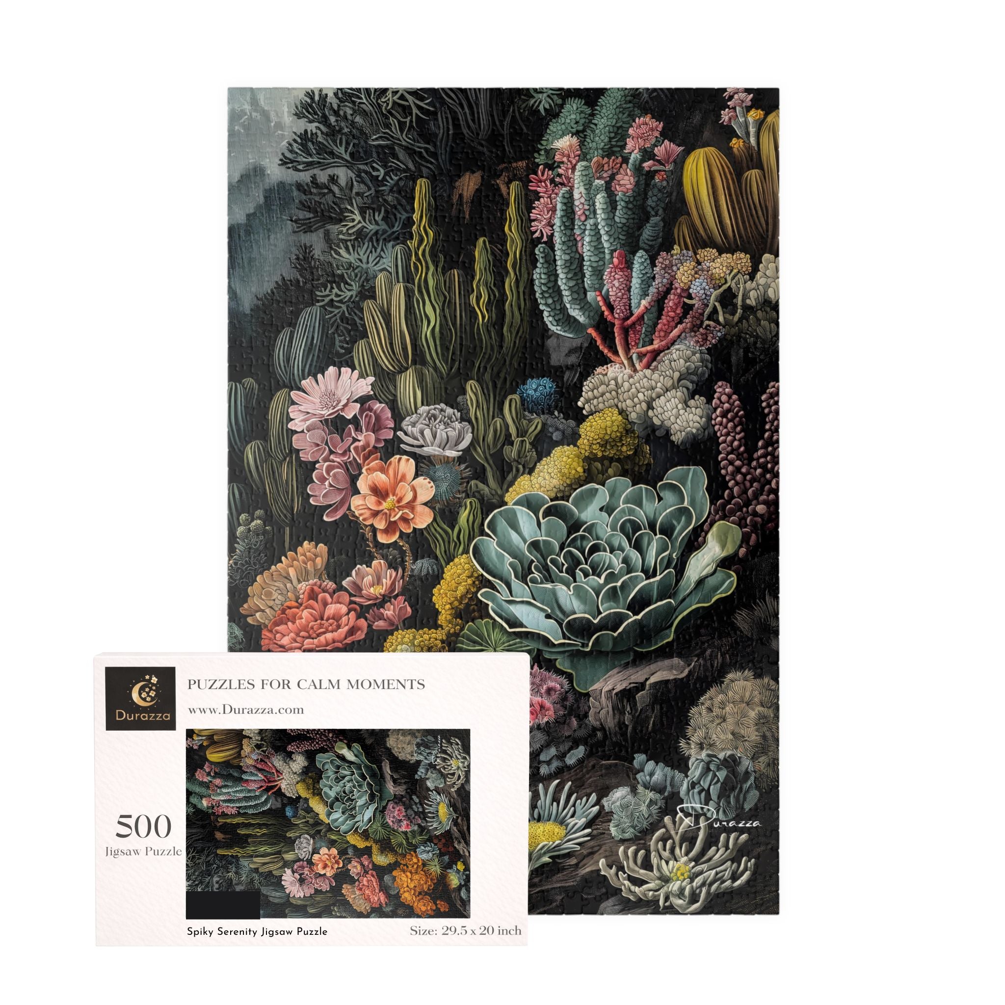 Jigsaw puzzle packaging with a floral and succulent design on a white background