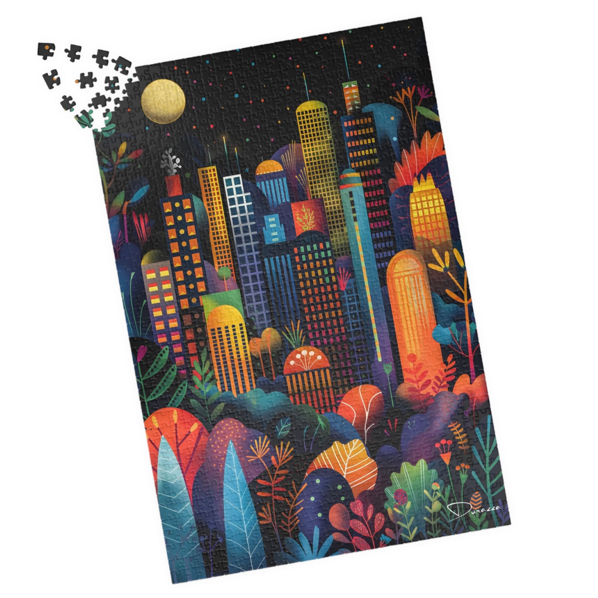 Colorful cityscape jigsaw puzzle with buildings and moon on a white background