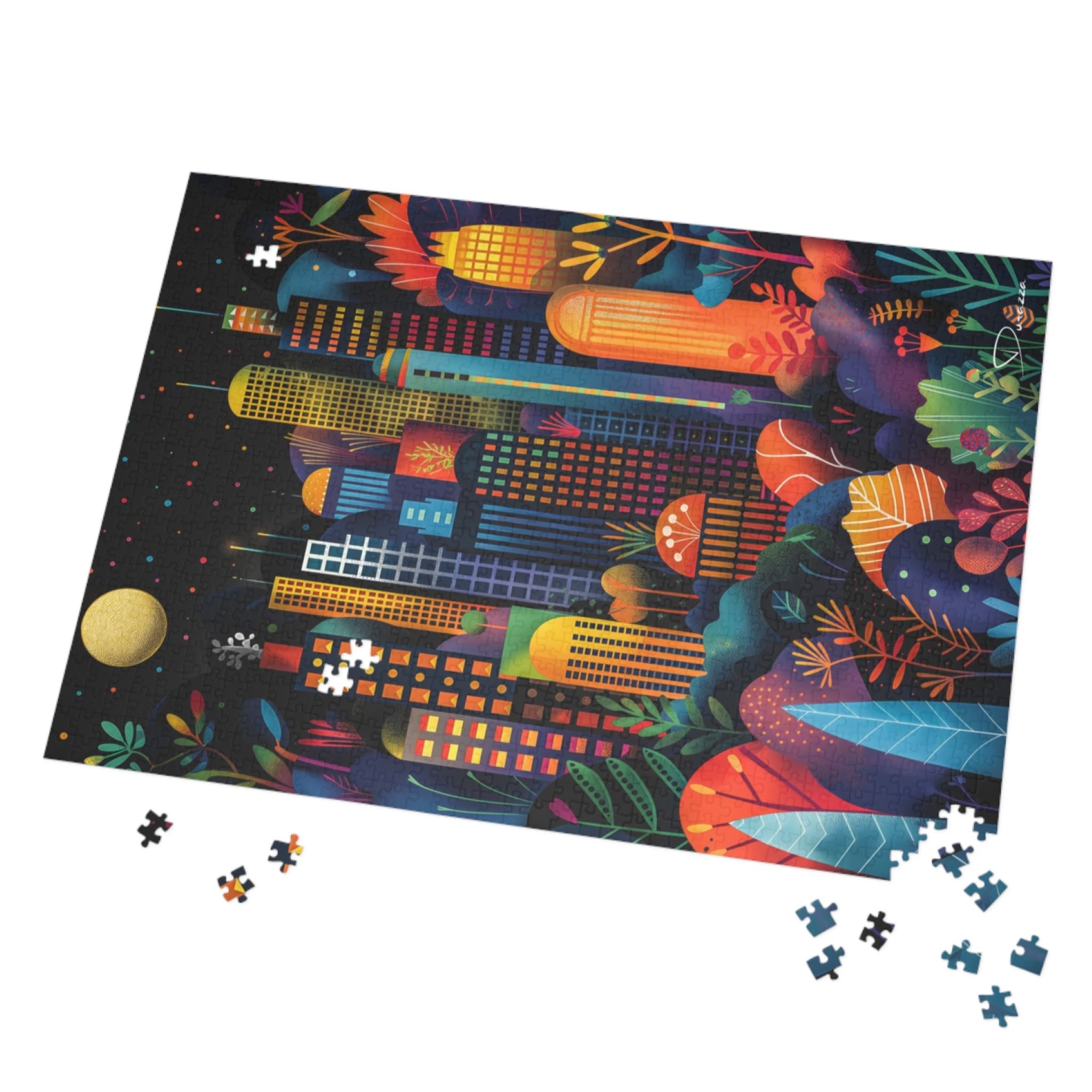 Colorful cityscape puzzle with pieces on a white background