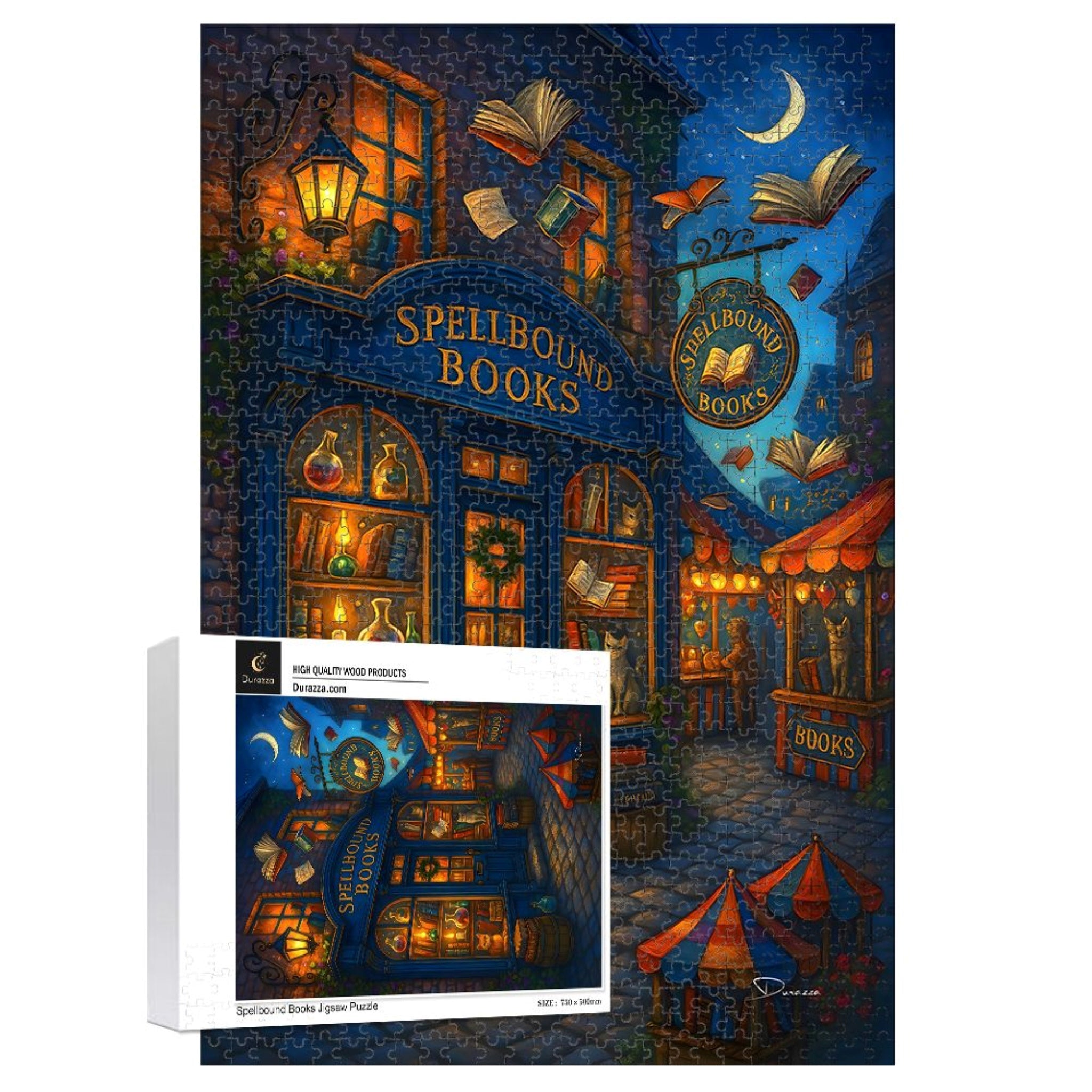 Jigsaw puzzle packaging with 'Spellbound Books", witchy theme on a dark street scene