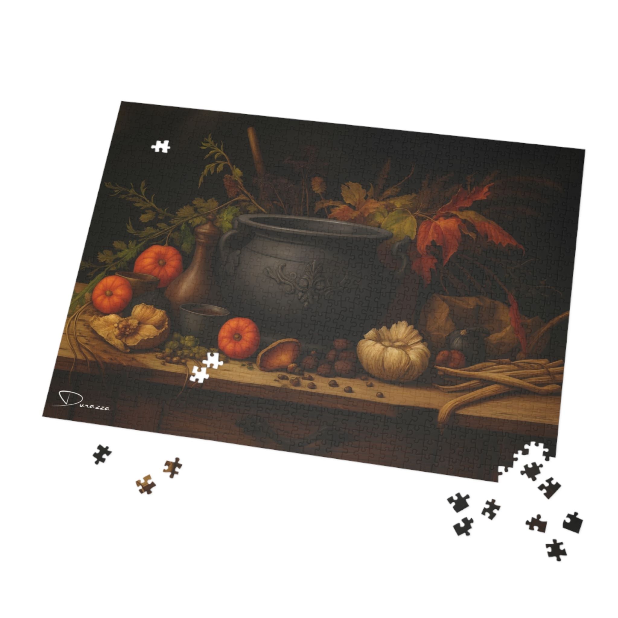 Witchy Jigsaw puzzle with a cauldron, herbs, and pumpkins.