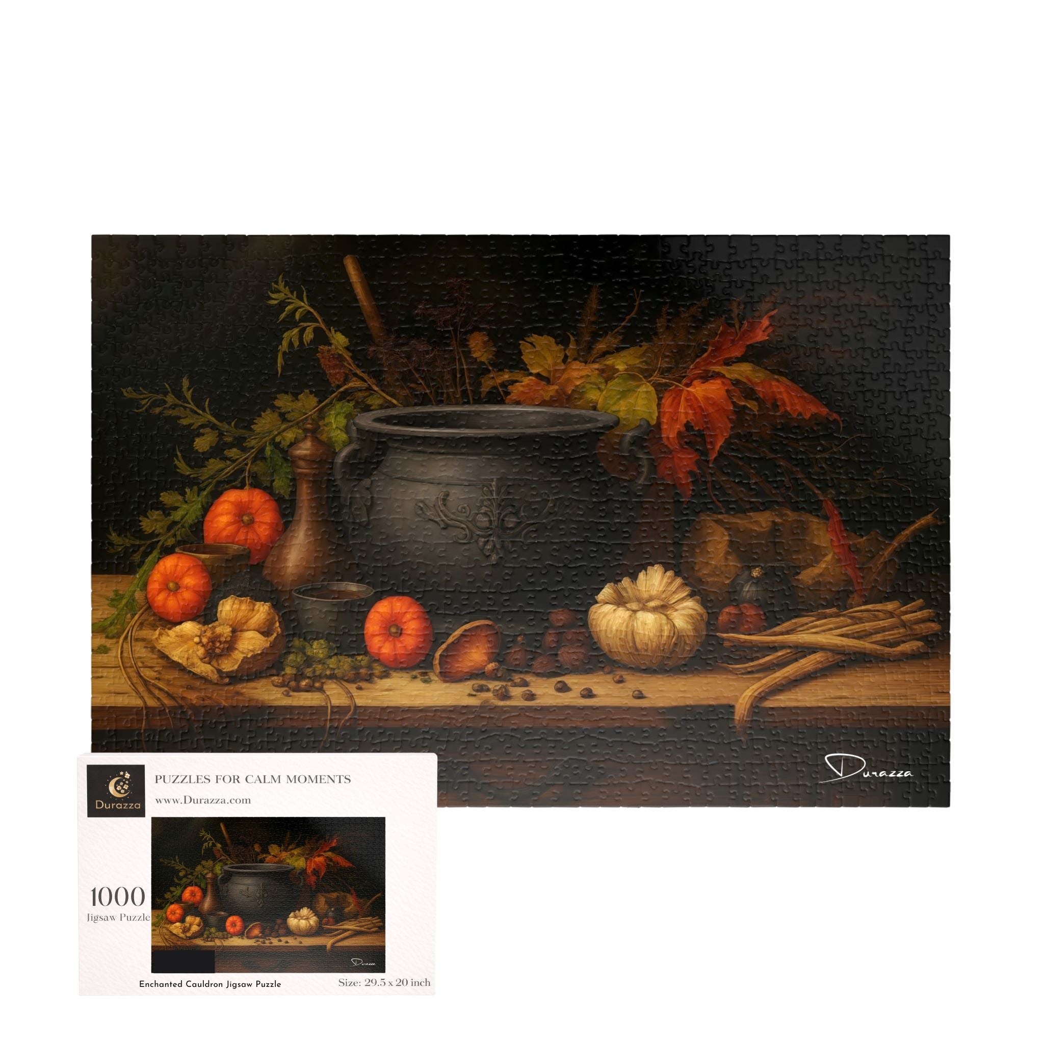 1000 piece witchy cauldron jigsaw puzzle as a Still life scene with a Durazza puzzle box.