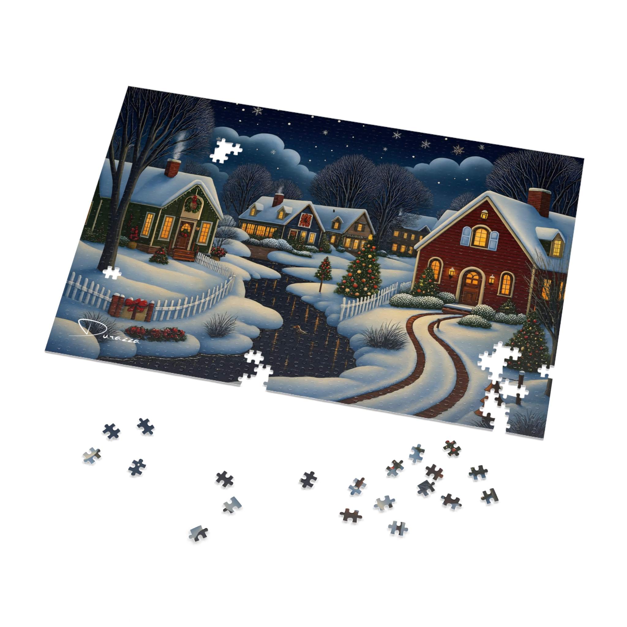 Jigsaw puzzle of a snowy village scene with missing pieces.