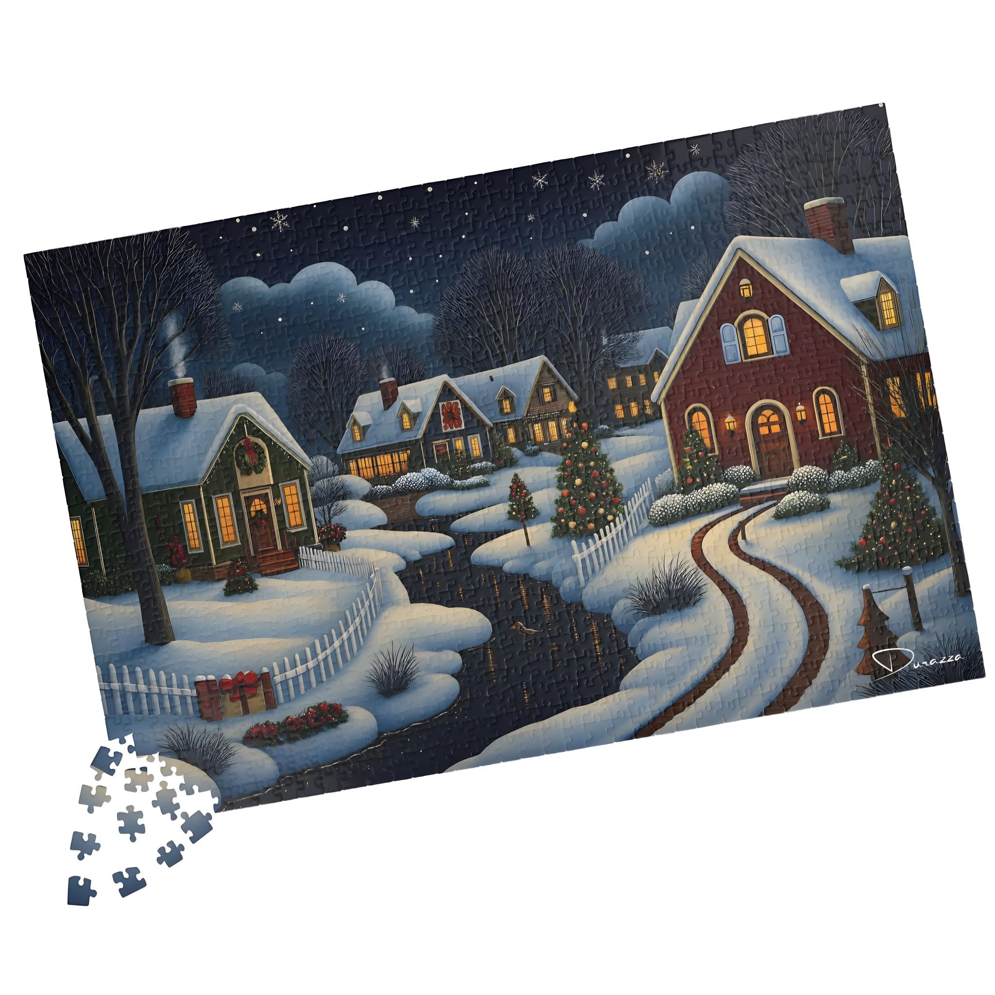 Jigsaw puzzle with a winter village scene on a white background