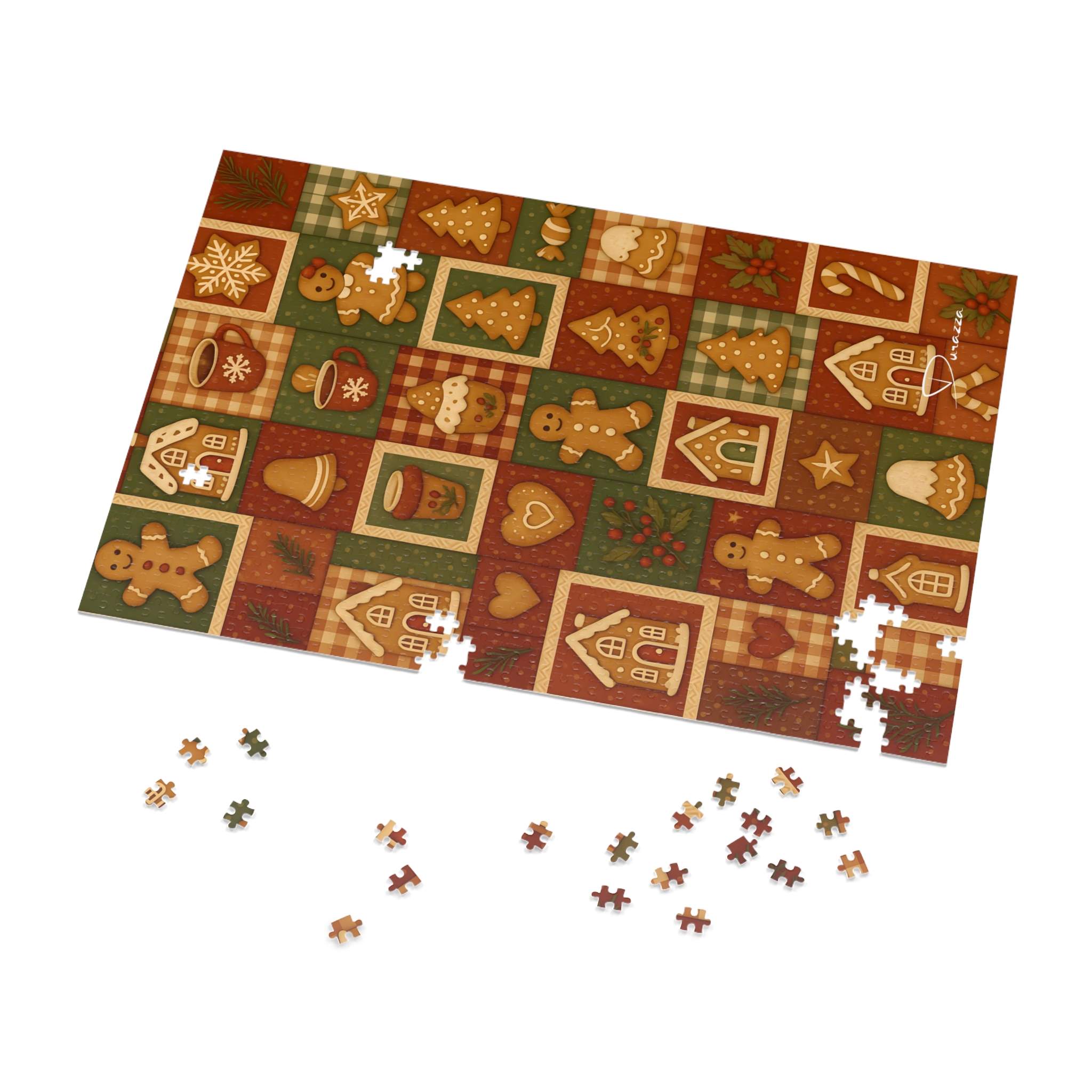 Christmas-themed puzzle with scattered pieces on a white background