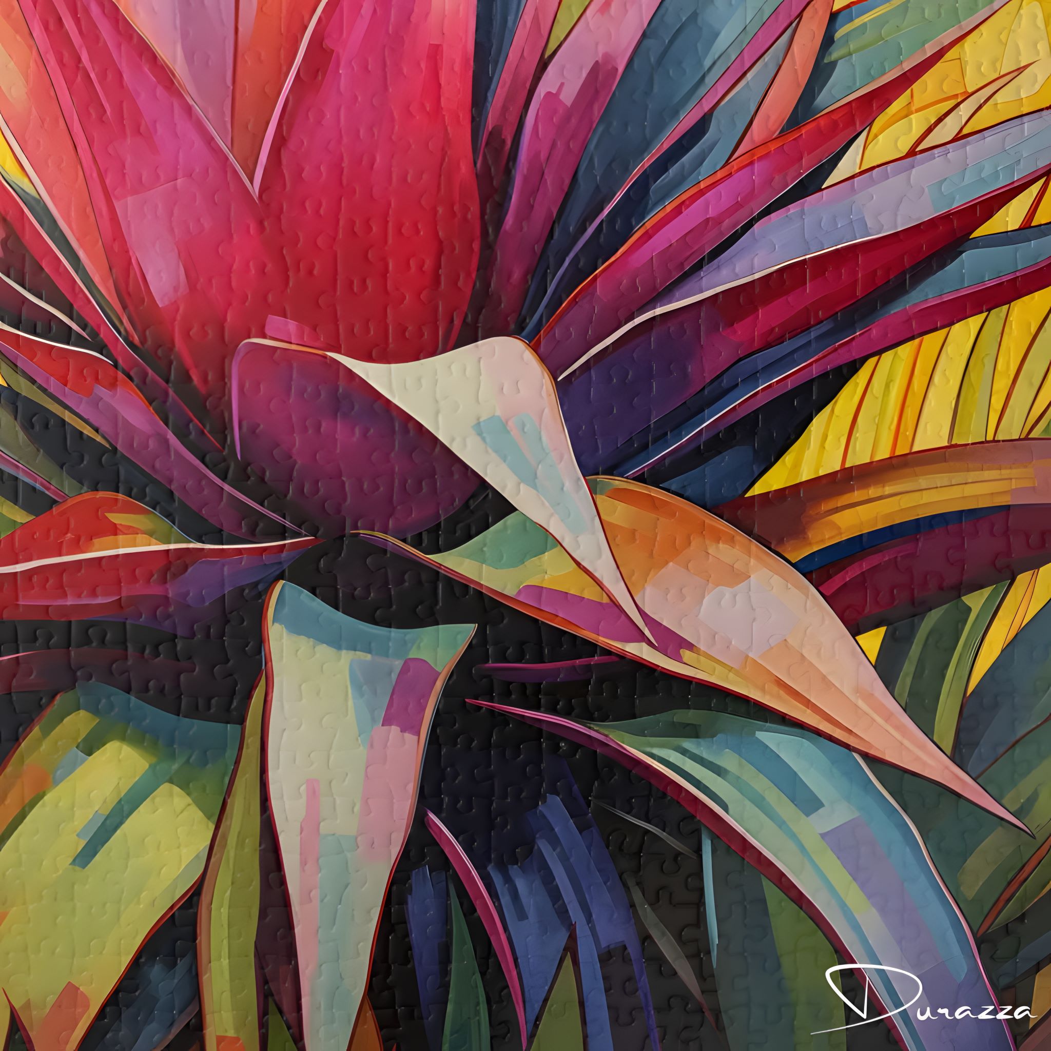 Colorful abstract jigsaw puzzle with vibrant hues on agave leaves.